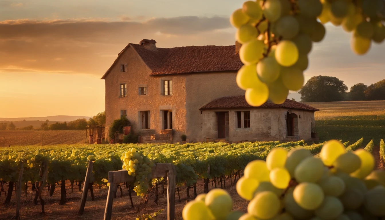 Swaying vineyards at sunset with ripe grapes and a rustic farmhouse in the background