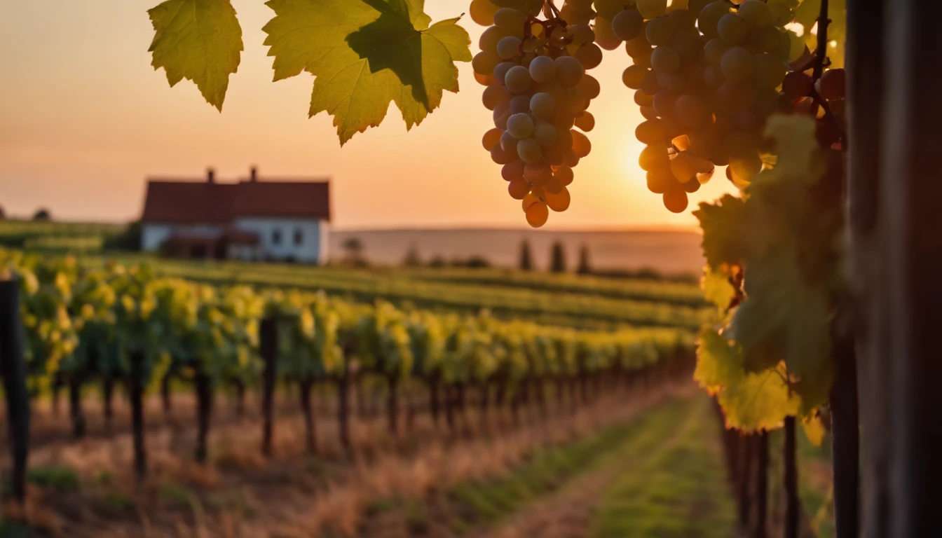 Swaying vineyards at sunset with ripe grapes and a rustic farmhouse in the background