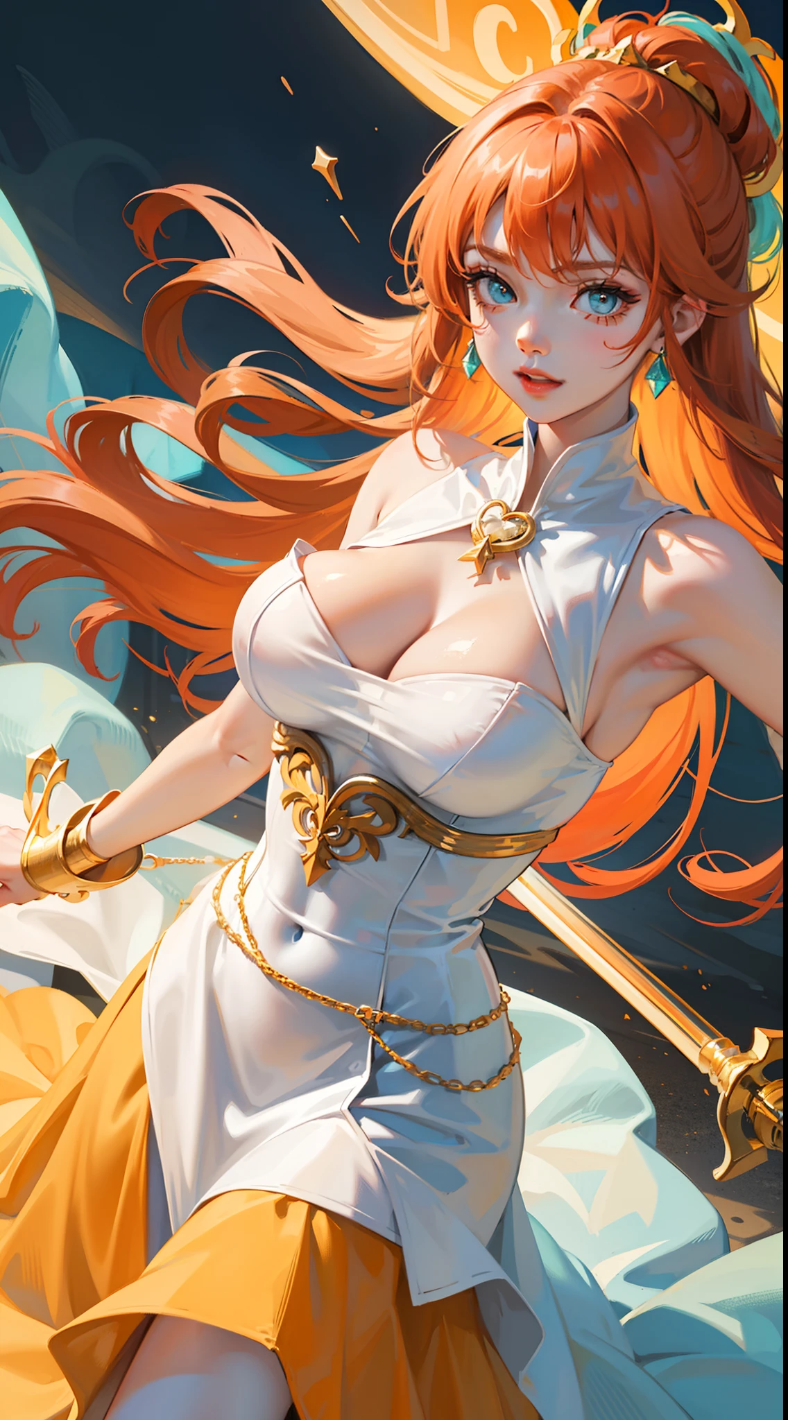young girl, llong orange hair, Cyan eyes, white fencing dress, Sleeveless, open breasts, long skirt, sword, Gold Elements, gems, Masterpiece, hiquality