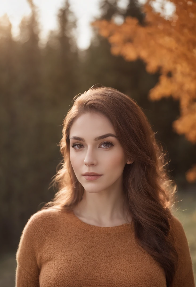 photography of a stunning girl, wearing a autumn jumper, long hair on one side, heavy bust 36DD, looks into the camera, symmetrical eyes, symmetrical face, photorealistic, photography, path tracing, specular lighting, volumetric face light, path traced hair, visible shadows, intricate, elaborate