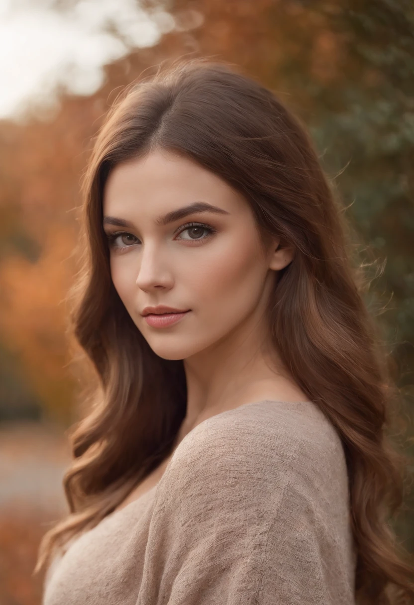 photography of a stunning girl, wearing a autumn jumper, long hair on one side, heavy bust 36DD, looks into the camera, symmetrical eyes, symmetrical face, photorealistic, photography, path tracing, specular lighting, volumetric face light, path traced hair, visible shadows, intricate, elaborate