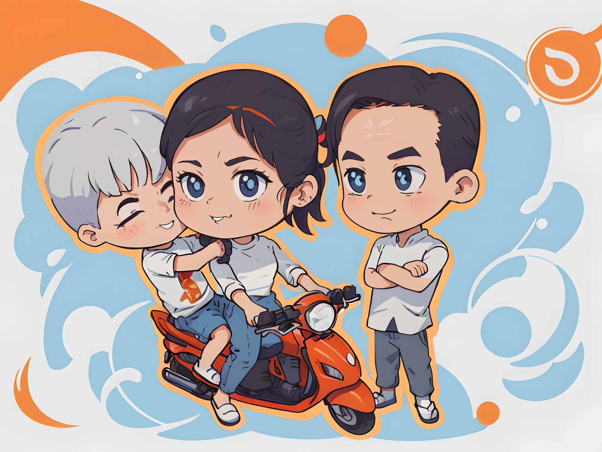 there are two people riding a motorcycle with a boy on the back, cartoon artstyle, official fanart, cartoon style illustration, cartoon art style, high quality fanart, detailed fanart, official illustration, in cartoon style, cute art style, cute cartoon, hand painted cartoon art style, fanart, cute illustration, cartoon illustration, wallpaper!, style of cartoon, promotional art, chibi