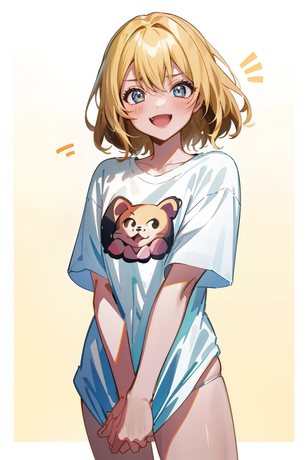(8K、top-quality、top-quality、​masterpiece、ighly detailed: 1.2)、 1 人、The upper part of the body、A woman has an (Margot Robbie) Similar to、I'm wearing my boyfriend's Y-shirt and panties、(Naked Y-shirt、Pull on your Y-shirt)、full of shyness、half laugh、at noon、 frombelow、blonde  hair、a blond