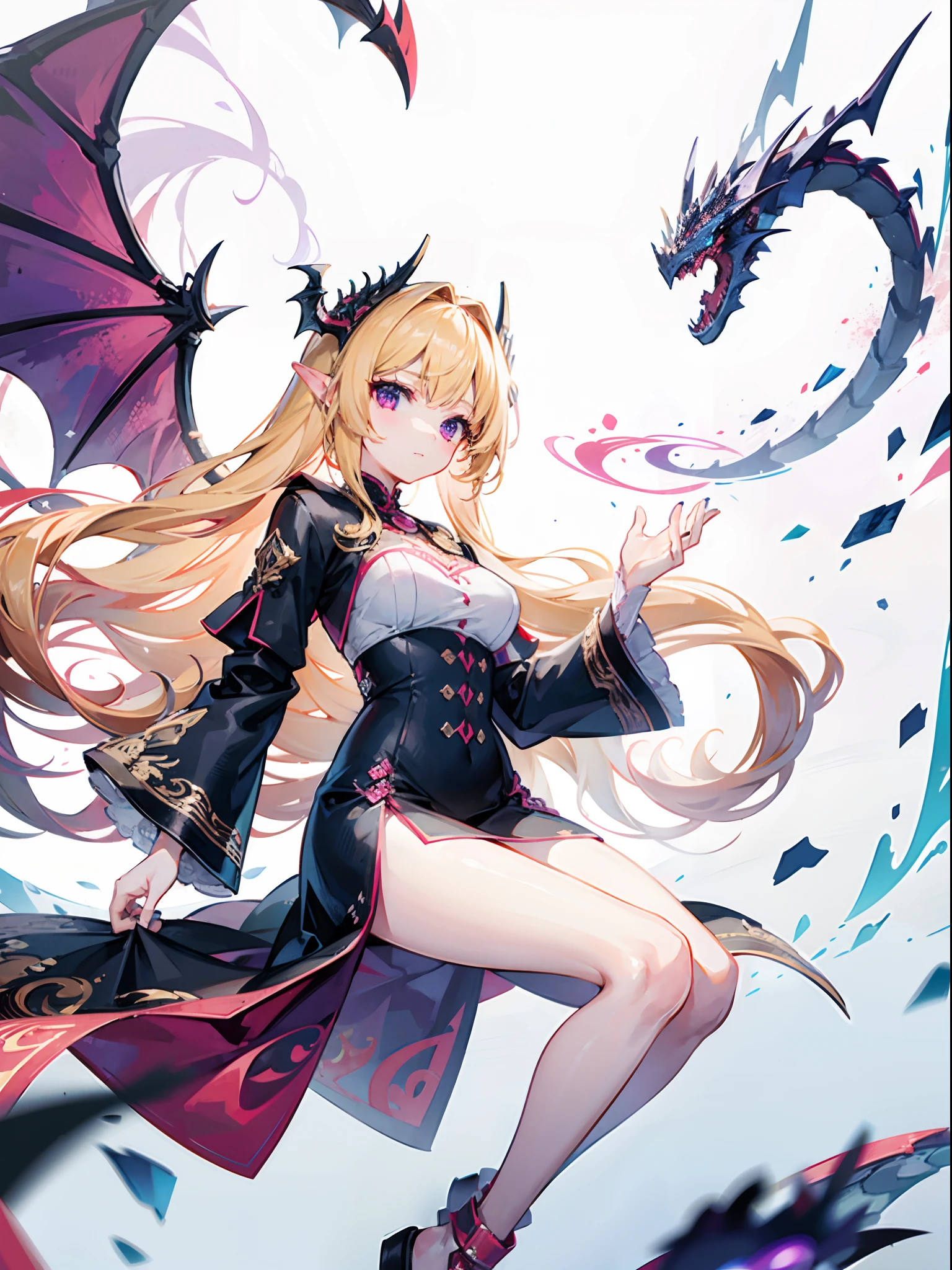 one girls, About 10 years old, a blond, length hair, doress, kawaii, BREAK, One Big Dragon, Dragon with red scales, a purple eye, large wings, BREAK, Girl touching a dragon, Soaring effect, Delicate illustration, delicate detail, high-level image quality, top-quality, Ultra-delicate,