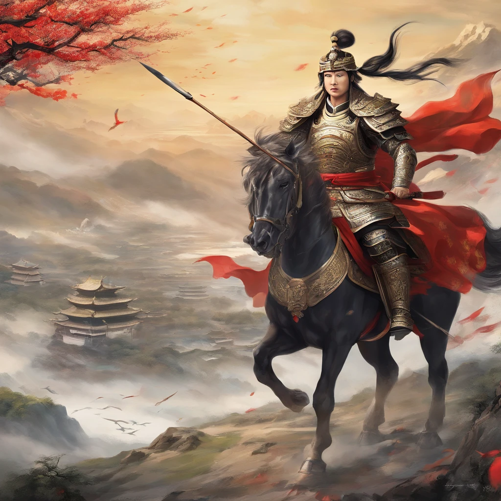 (Best quality,4K,8K,A high resolution,Masterpiece:1.2),Ultra-detailed,(Realistic,Photorealistic,photo-realistic:1.37),Chinese general,Traditional art style,Colorful uniforms,Vivid and dynamic brushstrokes,Ancient battlefield background,warrior's spirit,Decorative armor and helmets,Symbolic horse,majestic-looking,courageous expression,Heroic posture,Historical portraits,Proud and noble characteristic,Ink painting style,finely detailed facial features,Dynamic composition,Imposing figure,Strategic battlefield map,Strong and confident gaze,resolute determination,Burst energy,Ancient battle flags,Foggy atmosphere,Golden sunlight illuminated the scene,Traditional Chinese calligraphy in the background,Realistic battle scenarios,Pay attention to historical accuracy,dynamic movements,Command the army from afar,Set against a backdrop of majestic mountains,Impressive battle formation,Martial arts expertise and weapon proficiency,Wisdom and leadership,Aura of authority,Atmospheric perspective,Dramatic lighting,Heroic legend,Classic Chinese metaphors,Strong awareness of tradition and cultural heritage