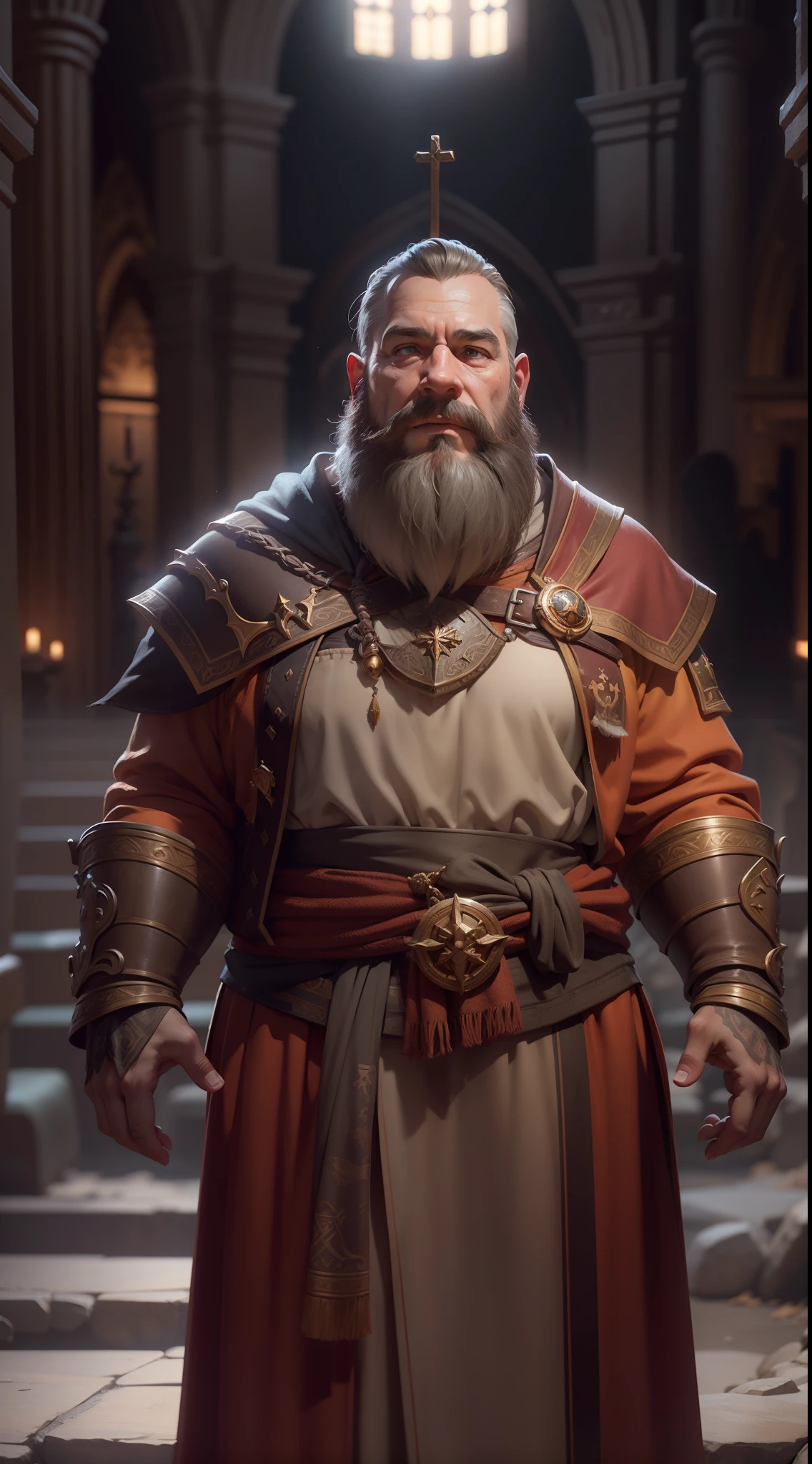 Dwarven cleric, standing in church, pastor, dungeons and dragons, rpg, hi res, 4k, 8k, 16k, bright sun, ultrahd,realistic, photon mapping, radiosity, cinematic lighting, sharp focus,,, ultrahigh res, best quality, cinematic epic + rule of thirds, volumetric lighting, volumetric light, concept art, portait image, path tracing, serene landscape, high quality, highly detailed, 8K,, warm colors, anatomically correct,, concept art, defined face, five fingers