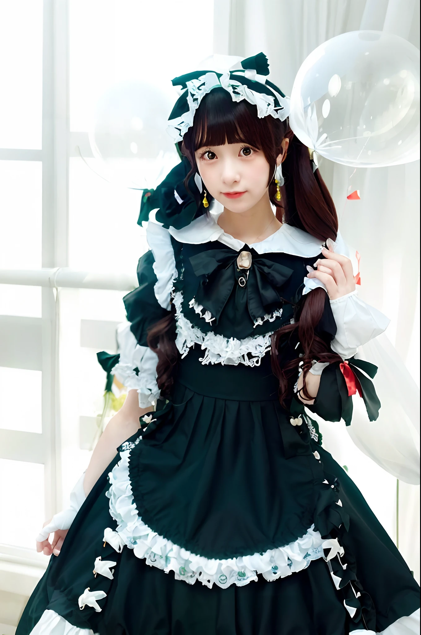 Close up portrait of woman in dress and bunch of balloons, cosplay of a catboy! maid! Dress, portrait of the magical Lolita girl, maid dress, maid clothes, alice from alice in wonder land, Lolita style, angelic pretty, Lolita Fashion, rococo dress, rococo ruffles dress, anime girls in maid costumes, loli in dress
