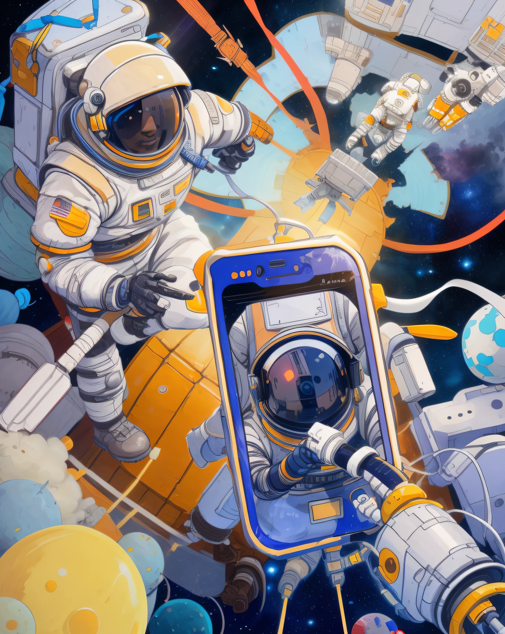 Astronaut in outer space with space station child, Mobile game art, space walk scene, spacewalk, space graphics art in background, full color digital illustration, Space travelling, detailed digital illustration, Commercial illustration, In space, scifi illustration, painting of a：Robot Jones, Mobile game background, big tech art style, The astronaut