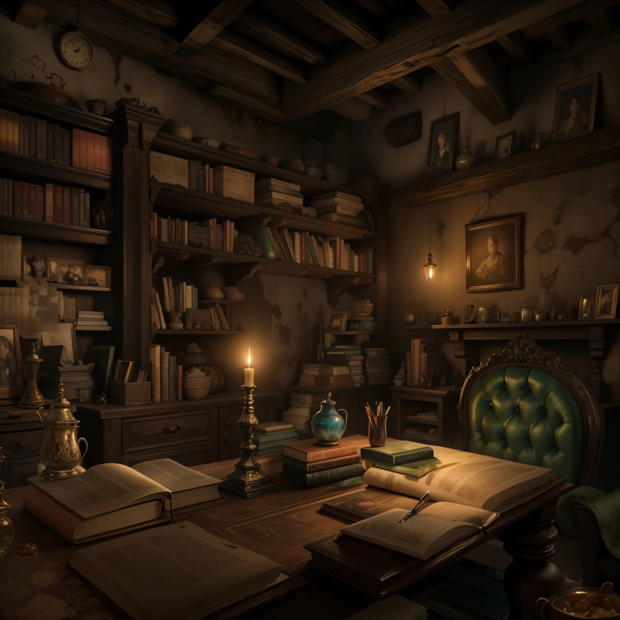 (Masterpiece),(High quality), Best quality, Real,(Realistic), Super detailed, (fulldetail),(4K), Dimly lit living room，European-style ancient houses，There are frescoes on the walls，There are bookshelves，Petri dishes are placed on a rack、Books and scrolls，There is a table，There are books on the table、pen and paper、crucible、table light，The overall color is dark green，Dimly lit，a slight light
