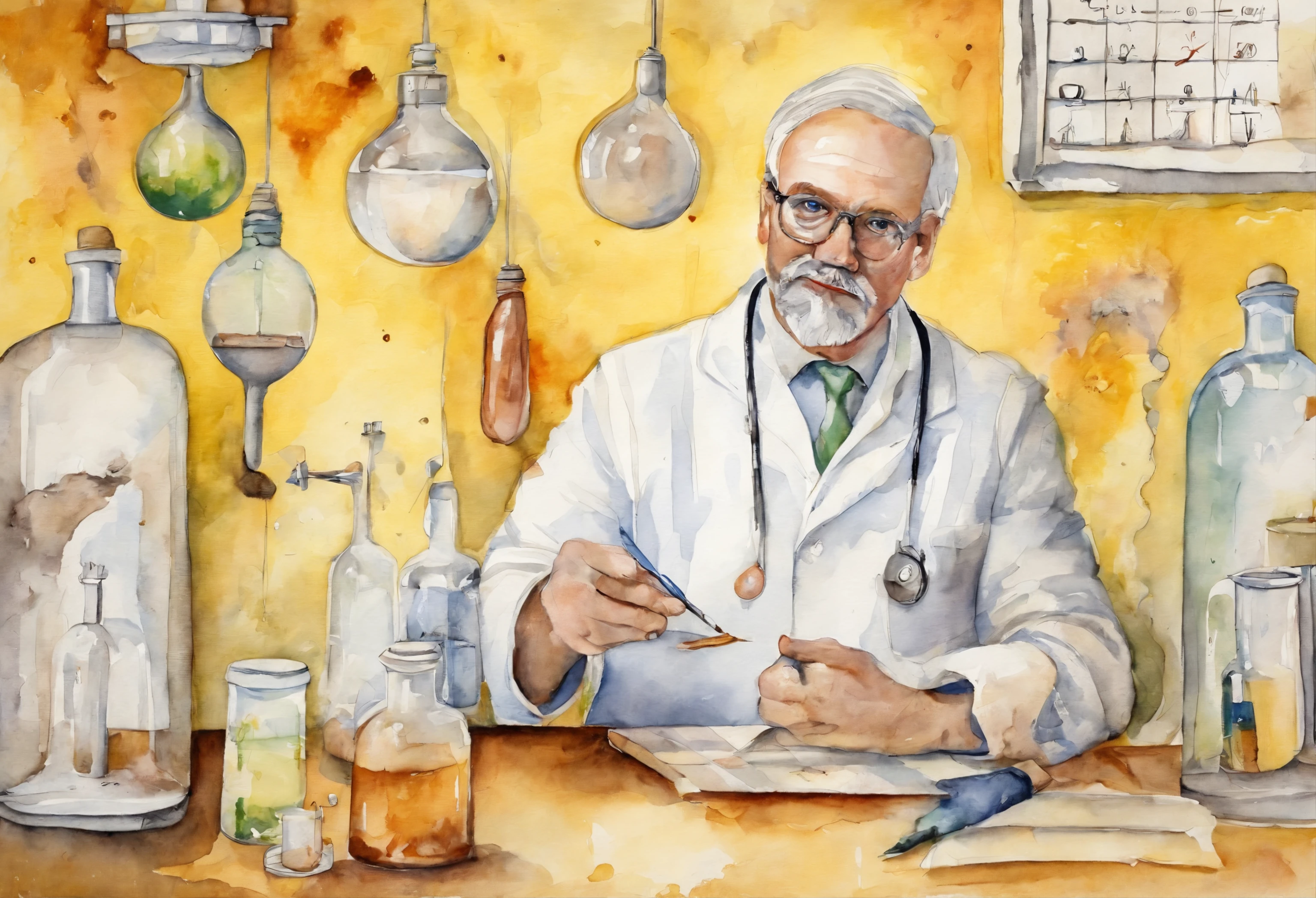 pupils，Wearing a white lab coat，In scientific experiments，Do scientific experiments，Yellow background