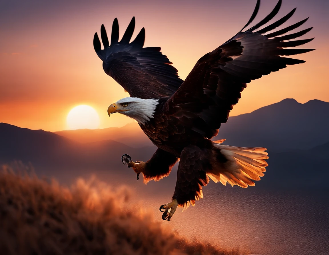 (extremely detailed CG unity 8k wallpaper, masterpiece, best quality), stunning sunset, majestic eagle soaring through the horizon.