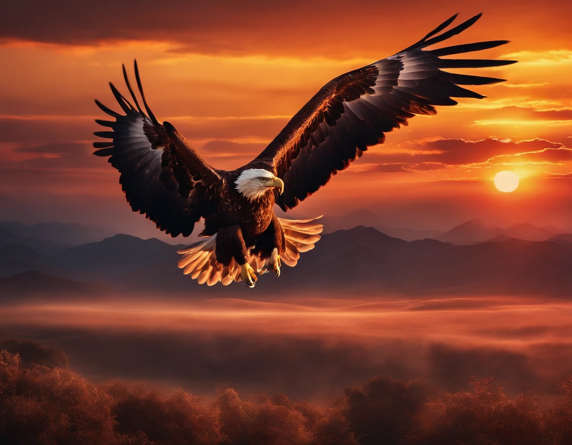 (extremely detailed CG unity 8k wallpaper, masterpiece, best quality), stunning sunset, majestic eagle soaring through the horizon.