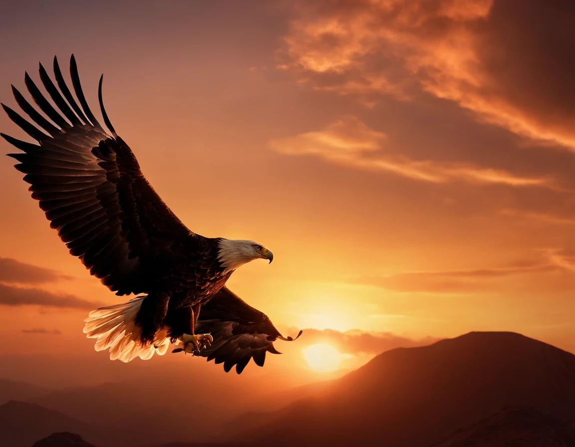 (extremely detailed CG unity 8k wallpaper, masterpiece, best quality), stunning sunset, majestic eagle soaring through the horizon.