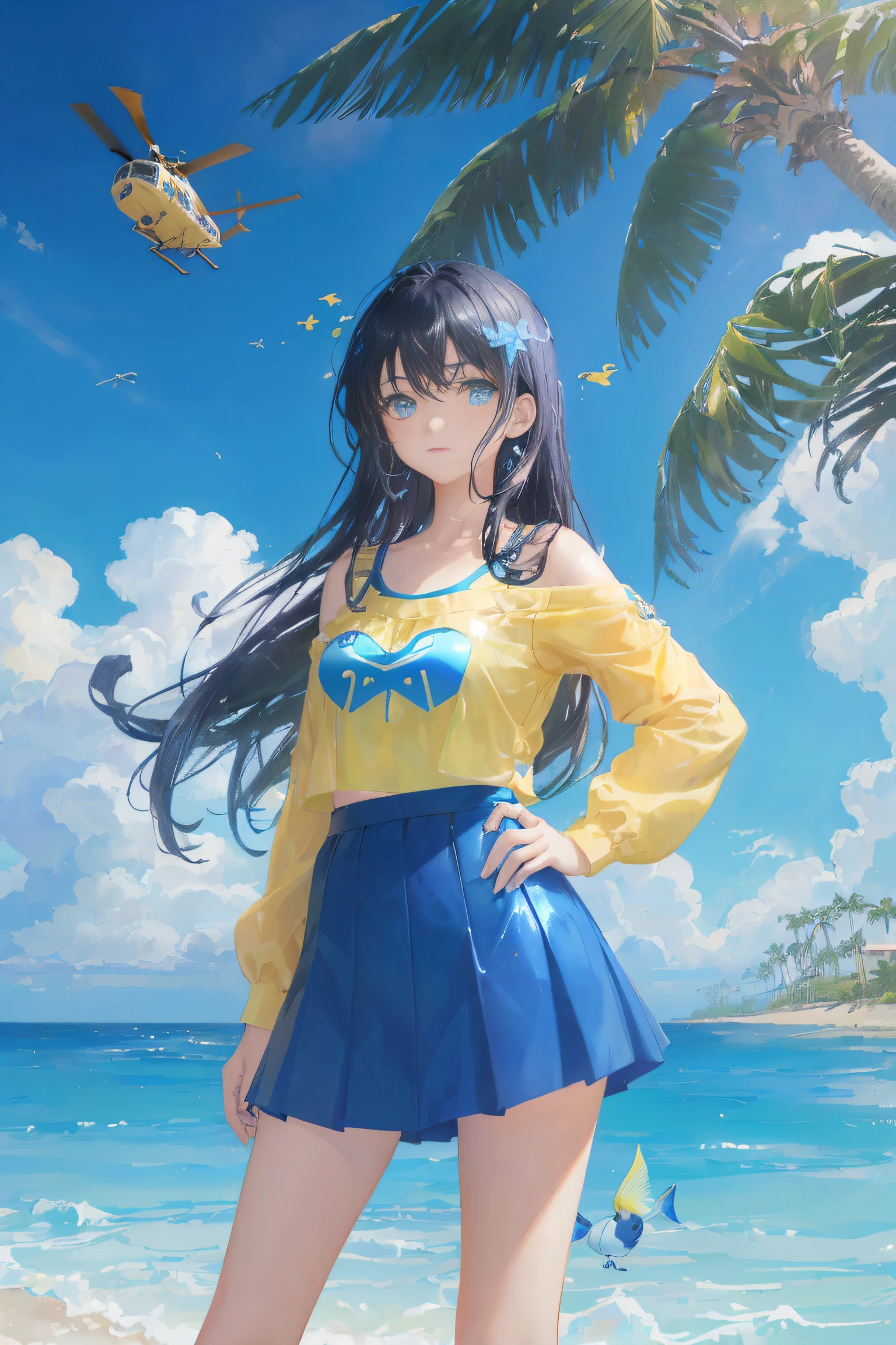 art by Cornflower, dreamy, (A beautiful, aged, anime-style girl with blue eyes and long, black hair, wearing a pale yellow, shiny, long-sleeved, open-chest, long skirt swimming suit with a pink, white, and yellow, heart on it is posing with her hands on her hips, in front of a beach and a bright, blue sky with clouds in it, there are palm trees in the background on both sides of the picture, and there are lots of blue and yellow fish swimming in the ocean, and there is a police helicopter with lights on it flying over the girl)