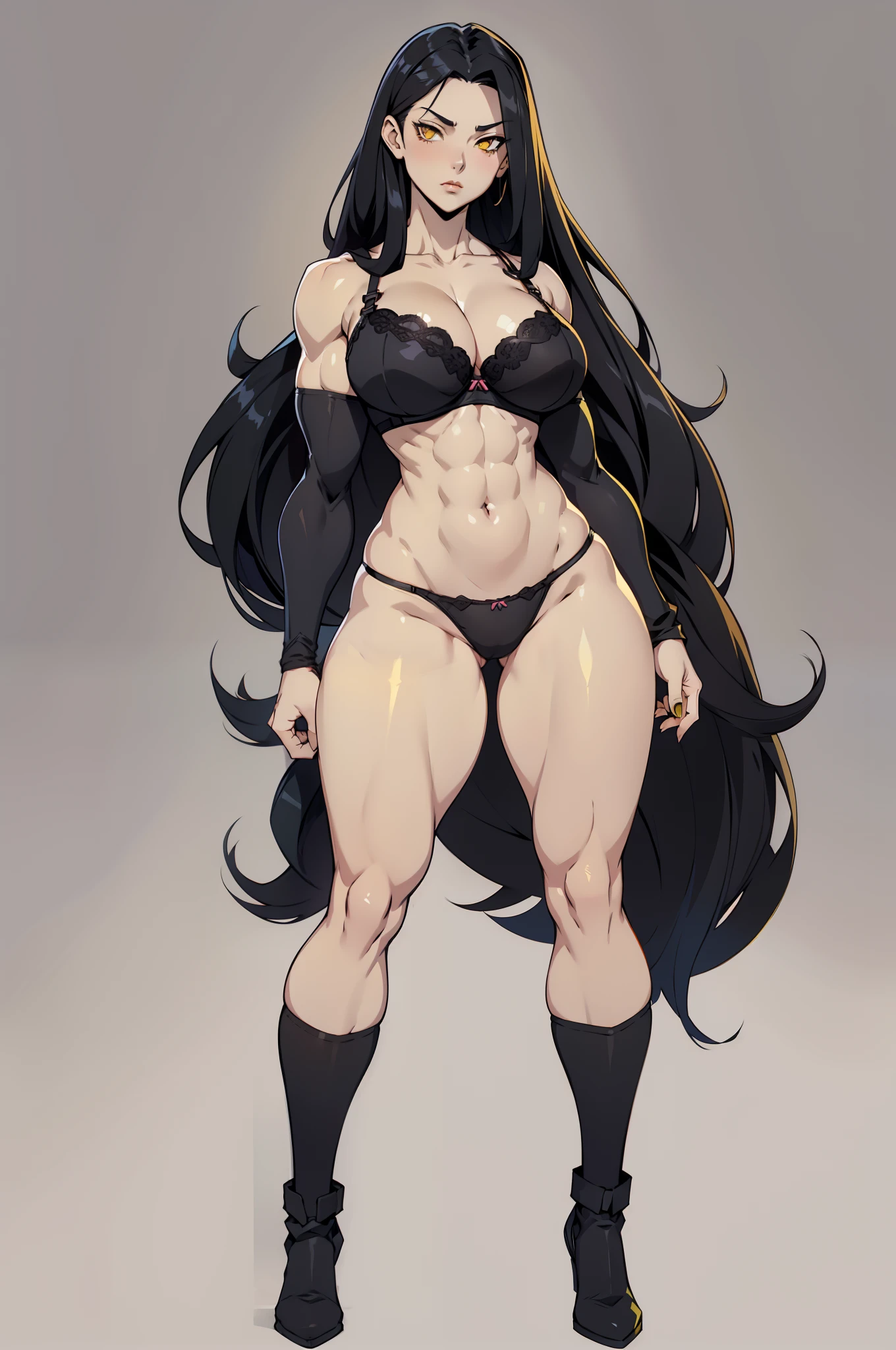 (bra and panties), 1 girl, solo, grey background, black hair, yellow eyes, extremely long hair, full body, standing, huge breasts, thick thighs, thin waist, ((extremely muscular)), pale skin