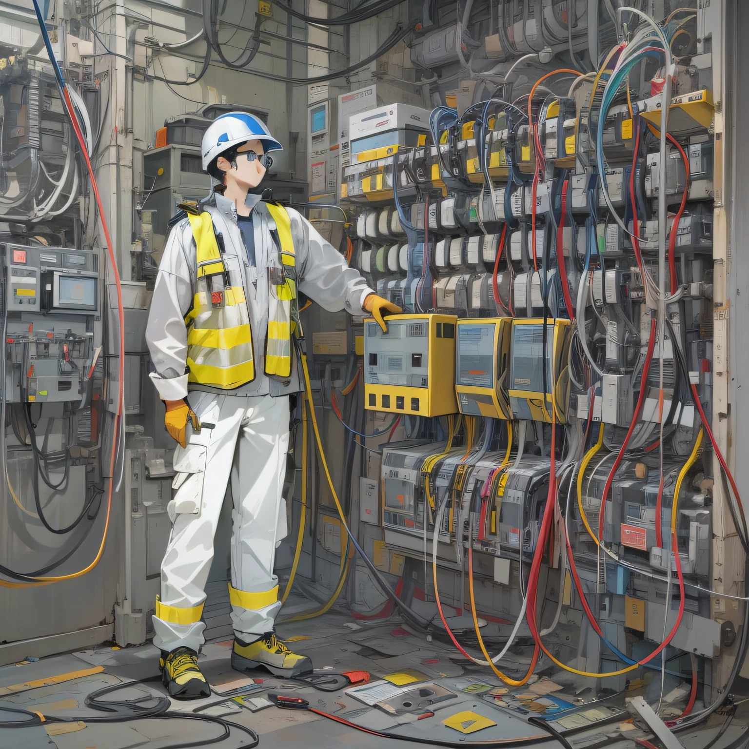 In front of the electrical panel at the factory site,Cables are scattered all over the place,Un hombre con un casco blanco, lentes de seguridad, reflective vest and gloves is sorting the cables。Illustration style。