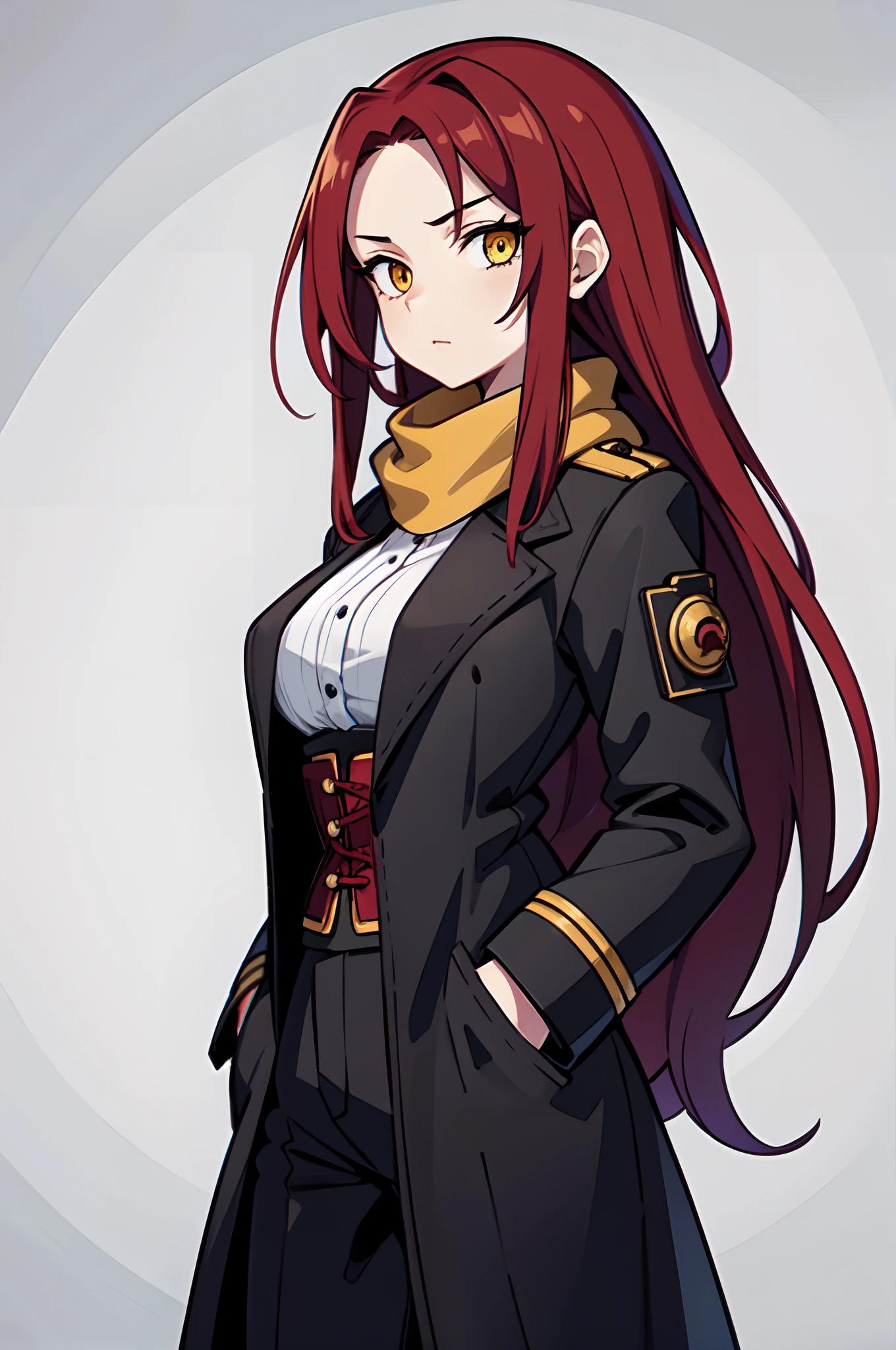 1girl, solo, 16k, scarlet red hair, long hair, big hair, forehead, yellow eyes, medium breasts, neutral, shaded face, (hands on pockets:1.2), overcoat, underbust, black corset, pants, scarf, looking at viewer, white background, simple background, transparent background, standing, upper body, portrait, masterpiece, best quality, 8k,