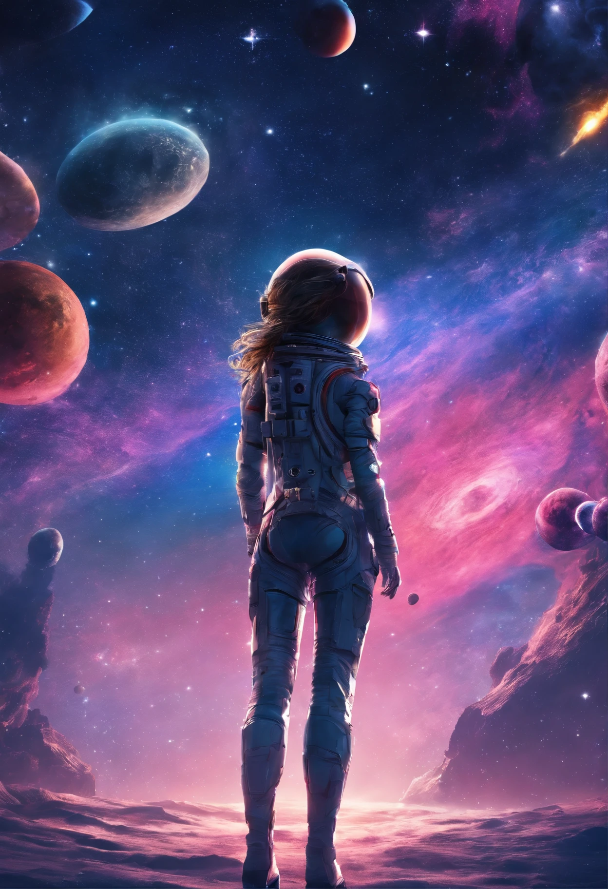 Girl looking at the vastness of space、Perfect physique、(Camera angle from behind、Far away)(girl with:0.1)、(kosmos:0.8)、