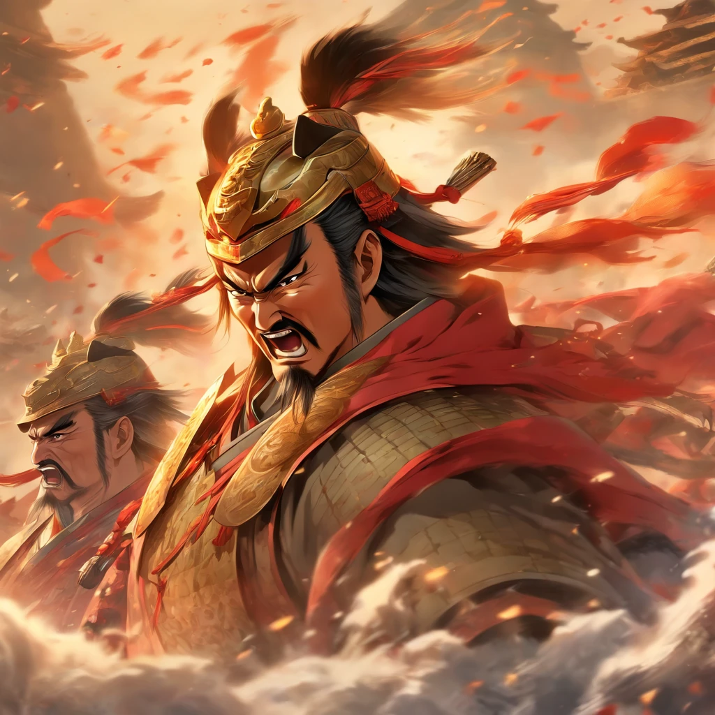 (best quality,4k,8k,highres,masterpiece:1.2),ultra-detailed,(realistic,photorealistic,photo-realistic:1.37),Chinese general,traditional art style,richly colored uniforms,vivid and dynamic brushstrokes,ancient battlefield setting,warrior spirit,ornamental armor and helmet,symbolic horse,commanding presence,courageous expression,heroic posture,historical portrait,proud and noble features,ink and wash painting style,finely detailed facial features,dynamic composition,imposing stature,strategic battlefield map,strong and confident gaze,fierce determination,bursting energy,ancient war flag,foggy ambiance,golden sunlight illuminating the scene,traditional Chinese calligraphy in the background,authentic battle scene,attention to historical accuracy,dynamic motion,commanding army in the distance,majestic mountains as backdrop,impressive battle formation,martial arts expertise and weapons proficiency,wisdom and leadership,aura of authority,atmospheric perspective,dramatic lighting,heroic legend,classic Chinese metaphor,strong sense of tradition and cultural heritage