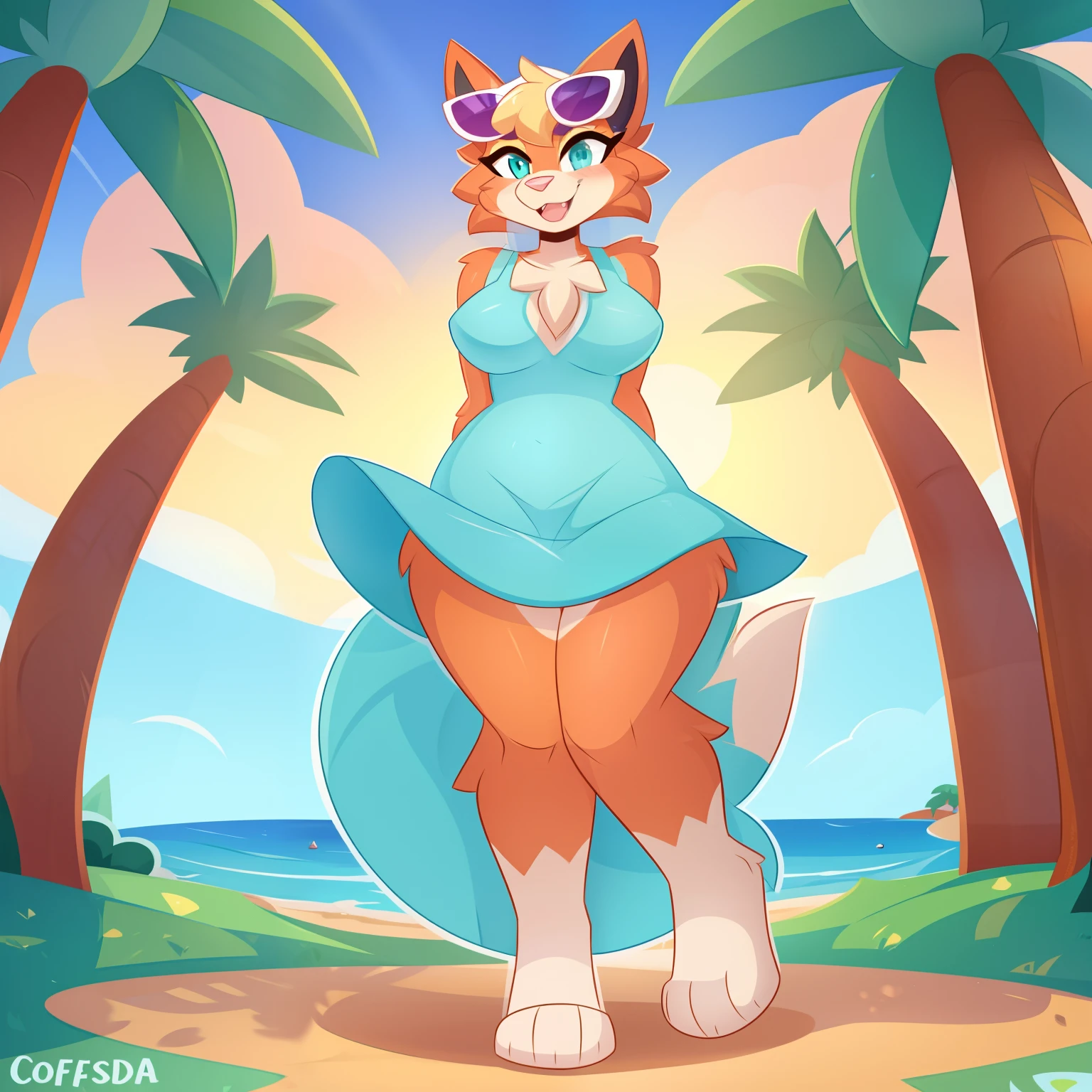 [audie], [pineapple dress], [Animal Crossing], [Uploaded to e621.net; (by Kilinah, by Coffeesoda, by Hioshiru, by Kilinah), ((masterpiece)), ((solo portrait)), ((full body view)), ((feet visible)), ((furry; anthro)), ((detailed fur)), ((detailed shading)), ((beautiful render art)), {anthro; (orange fur, pink nose), cute teal eyes, fox ears, excited smile, mouth open, white teeth, fluffy fox tail, (beautiful legs), (beautiful feet), (curvaceous hips), (small boobs)}, {(short teal dress with pineapples), (sunglasses on head)}, {(looking at viewer), (hands behind back), (standing), (pigeon-toed)}, [background; (park), (trees), (sun rays through trees)]