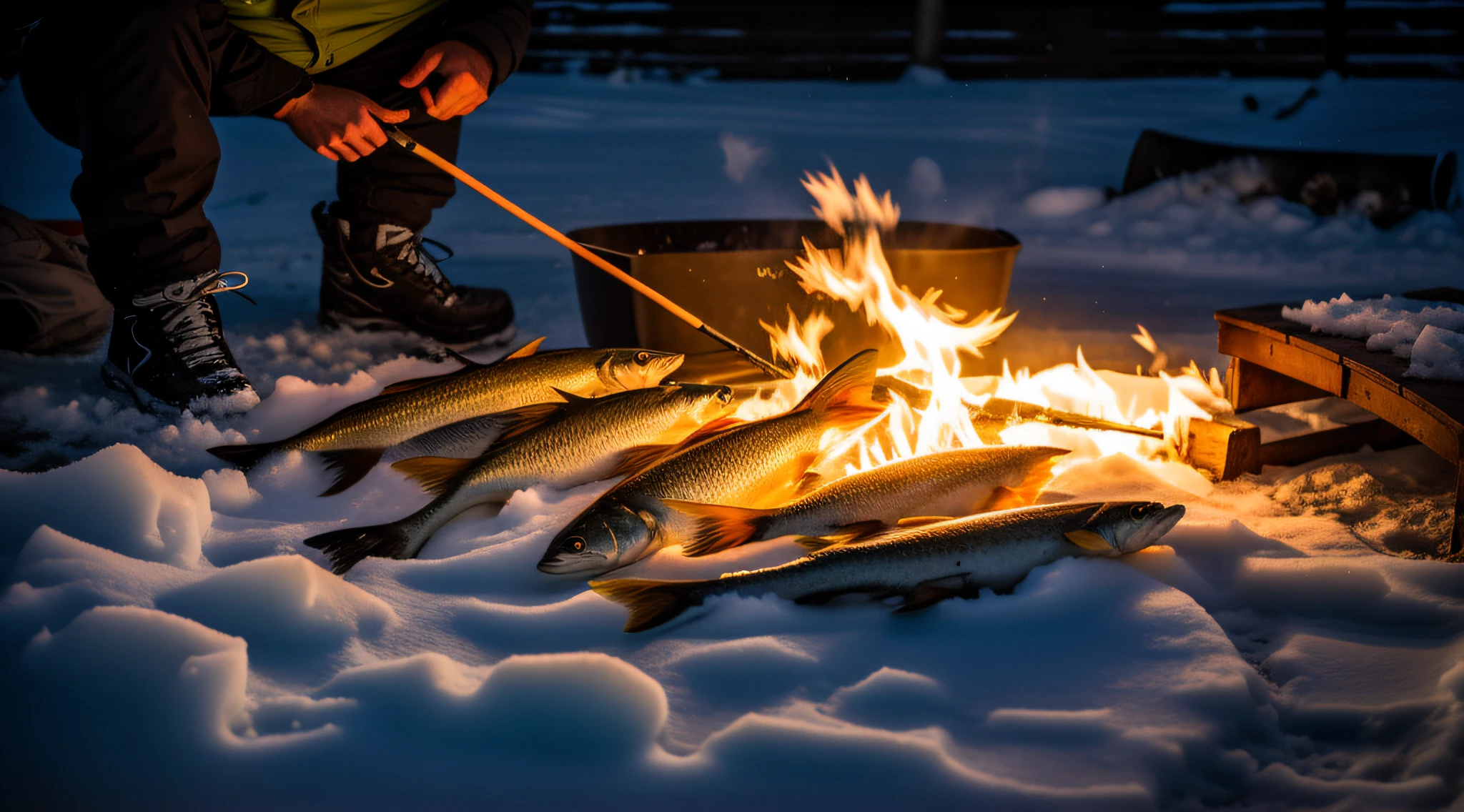 There are fish sitting on the snow next to the fire, arctic fish, delicacy, fire lit, author:John Lundbye, author:Owen Bowen, There are some sausages on the fire, author:anato finnstark, author:Dietmar Dammelau, ice fish shape, at a campfire at night, shutter inventory, author:Veikko Törmänen