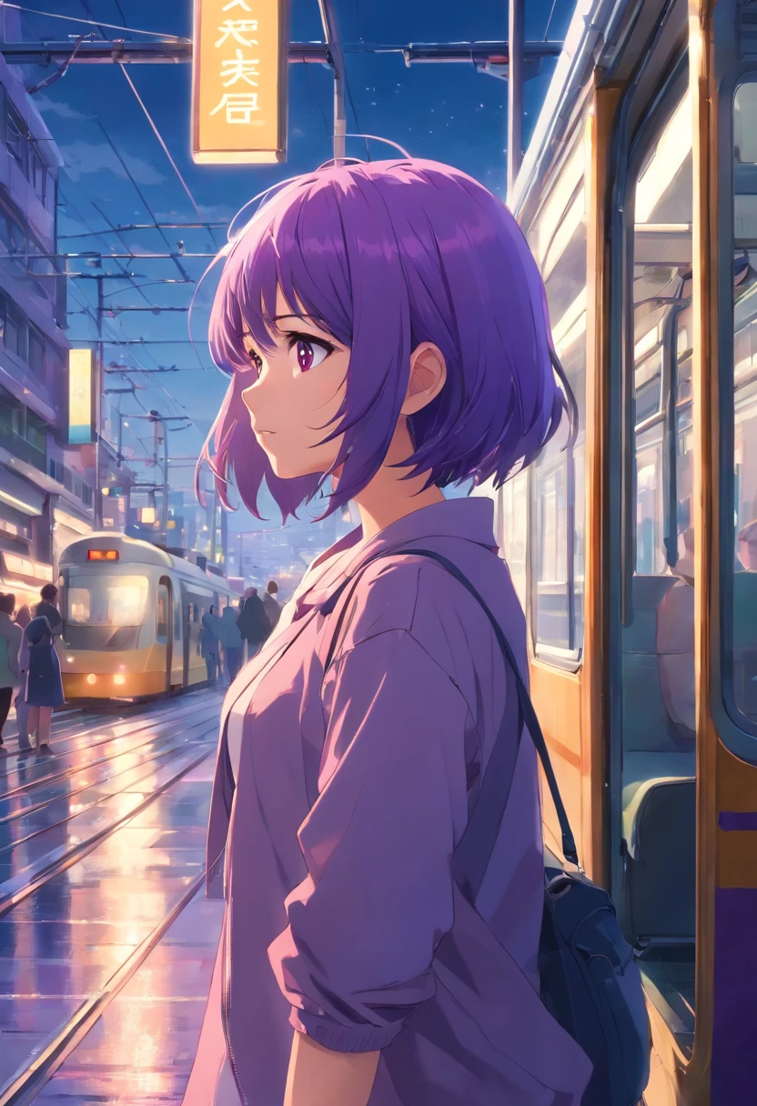tmasterpiece, beste-Qualit, filmstill, Girl with purple hair ,Waiting for the tram