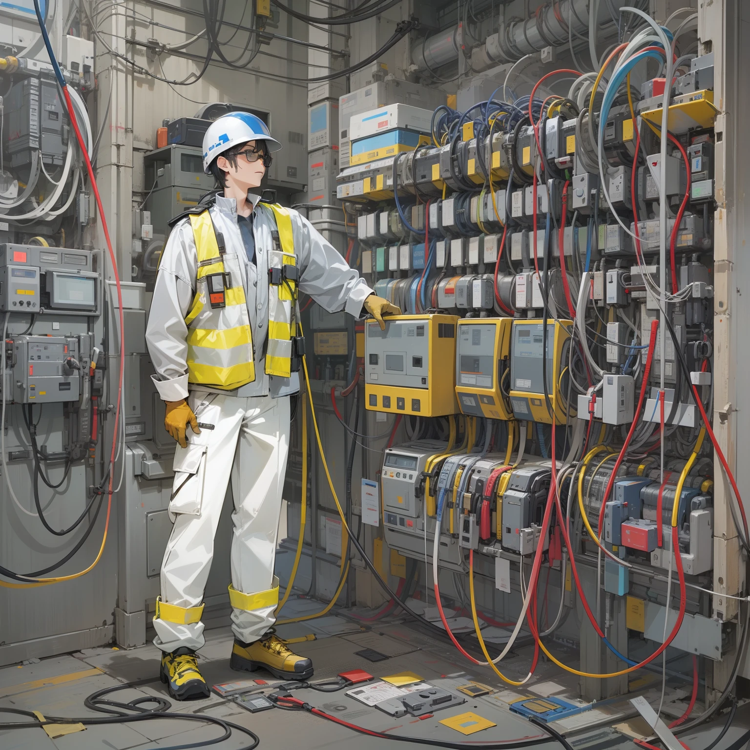In front of the electrical panel at the factory site,Cables are scattered all over the place,Un hombre con un casco blanco, lentes de seguridad, reflective vest and gloves is sorting the cables。Illustration style。