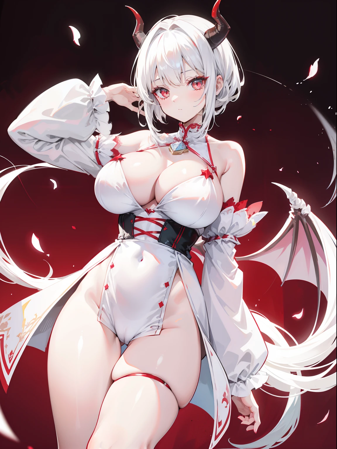 White hair,red color eyes,horse tailed,The demons, short detailed hair,Ponytail hairstyle,dashing, longer sleeves,devil horns,  huge breasts cleavage,flatchest,Cute,Manteau, Lorie breasts cleavage,leg loops,demon tail,,{{Best quality}}, {{Masterpiece}}, {{Ultra-detailed}}, {illustration}, {Detailed light}, {An extremely delicate and beautiful}