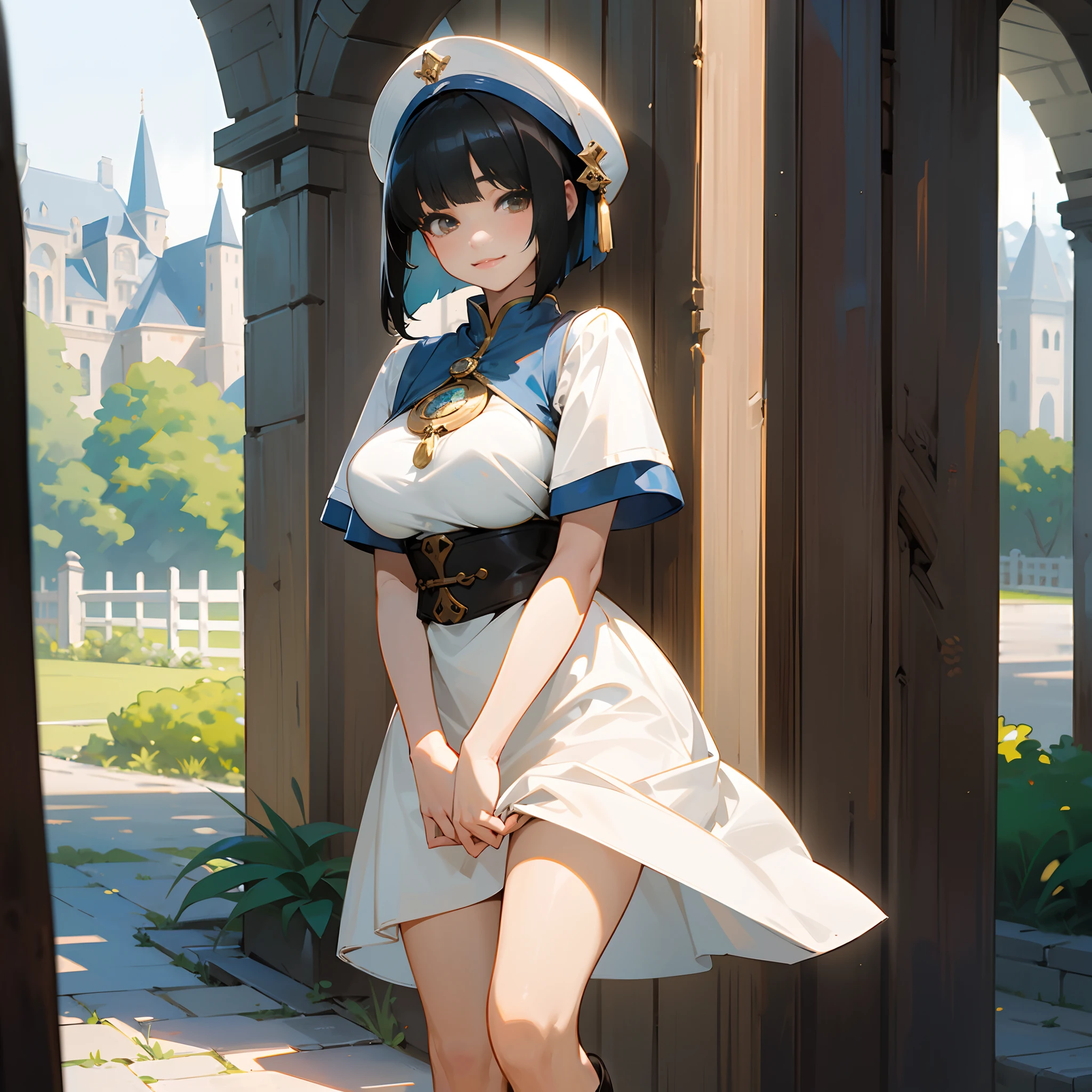 With the best image quality、age girl standing alone outdoors。In high resolution、Beautiful fine details、tranquil atmosphere。((Black Hair Bob Hair))、Cute smile。(((breasts are large)))、I don't have anything in my hands、realistic hand、Medieval European national costume with short sleeves、Medieval European Streets、Leather shoes。
