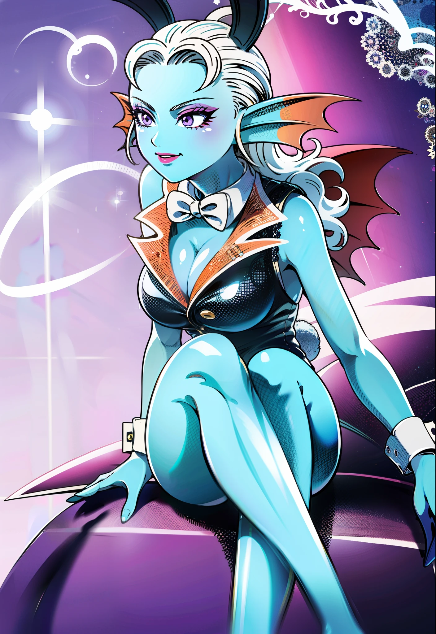 8K, High Definition, Bright, Eye Highlights, Sexy, Erotic, beautiful line art.
light blue skin, Blue and orange gradient ear fins, Bunny Girl, Dressed in a bunny suit, The chest is visible through the clothes, Blue, Transparent bunny suit, Transparent clothing, Clothes show through, Transparent bunny suit, Net tights legs, A fine net is drawn, crossed legs, Purple eyes, Pale red lipstick, Well drawn, White hair, royal background, Dark makeup, Blue skin, Sleeveless clothing, royal background, Sitting on a throne
