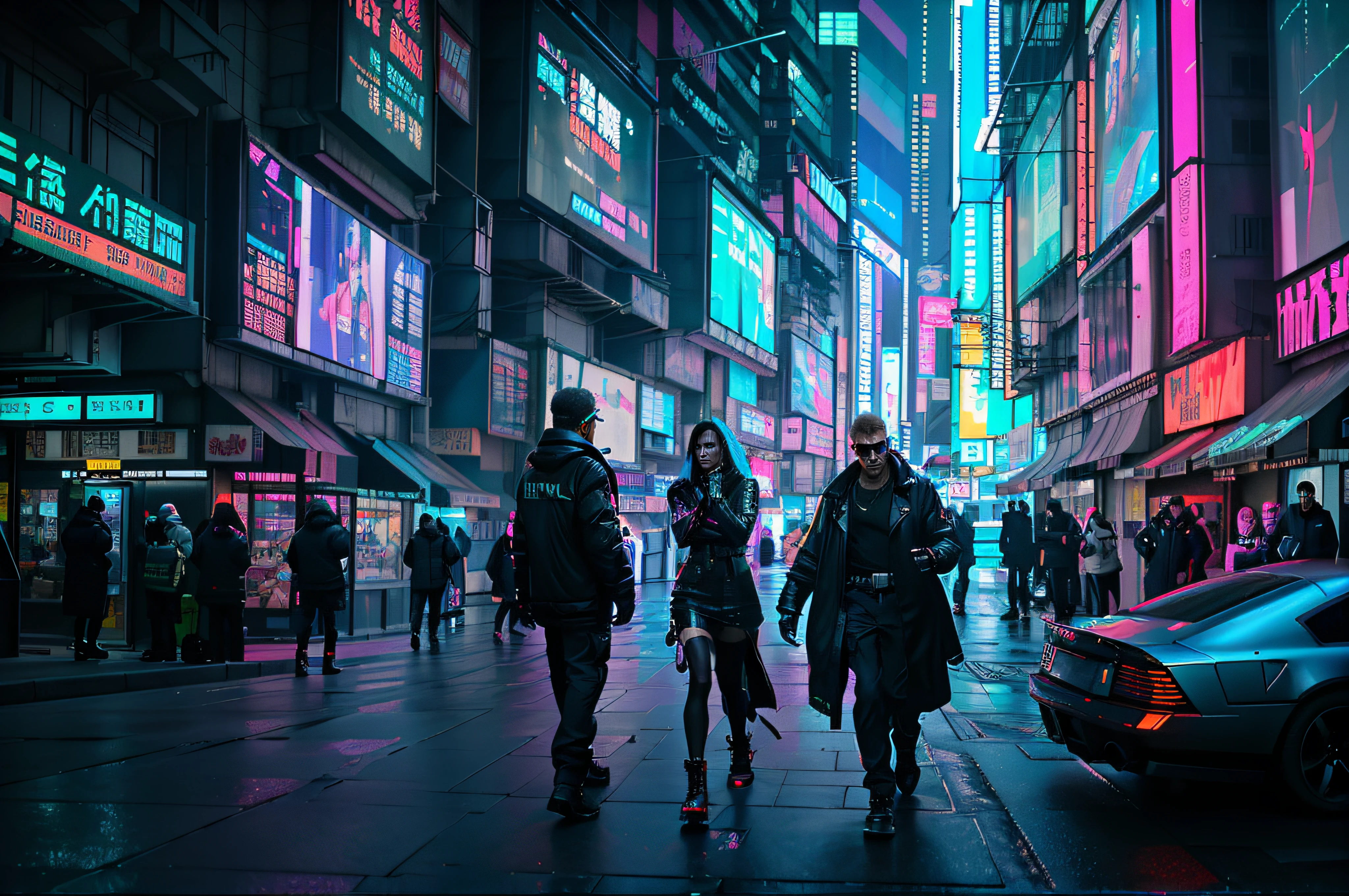 people walking down a city street at night with neon lights, cyberpunk blade runner art, in cyberpunk city, cyberpunk street, cyberpunk city street, cyberpunk night street, in a futuristic cyberpunk city, busy cyberpunk metropolis, cyberpunk in a cyberpunk city, futuristic cyberpunk scenario, sci-fi cyberpunk city street, cyberpunk art style, at a cyberpunk city, at an cyberpunk city, cyberpunk city