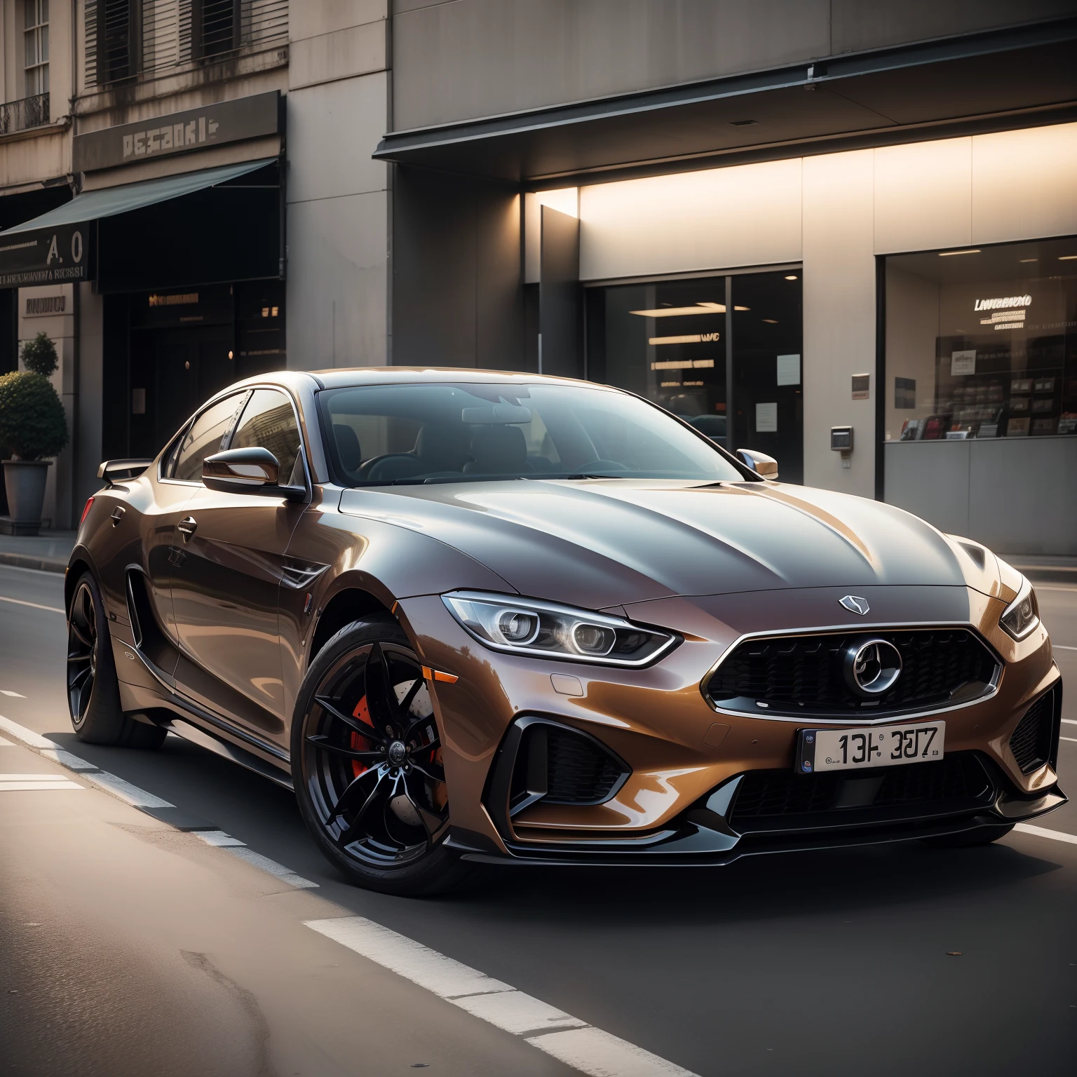 Fotografia de propaganda de um carro sedan de extremo luxo e grande porte design elegante e luxuoso motor v12 estacionado de lado.
