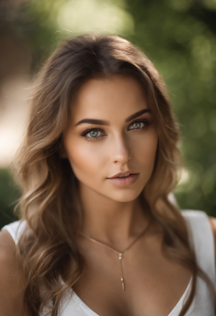 Arafed woman with a white tank top and necklace, fille sexy aux yeux verts, Portrait Sophie Mudd, cheveux bruns et grands yeux, selfie of a young woman, Yeux de chambre, Violet Myers, sans maquillage, maquillage naturel, looking straight at camera, Visage avec Artgram, Maquillage subtil, stunning closeupheadshot, piercing green eyes