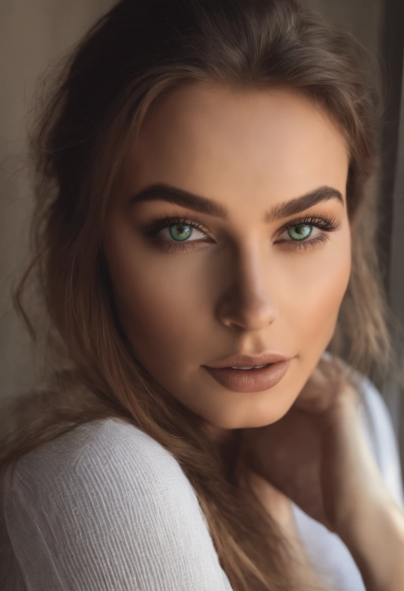 Arafed woman with a white tank top and necklace, fille sexy aux yeux verts, Portrait Sophie Mudd, cheveux bruns et grands yeux, selfie of a young woman, Yeux de chambre, Violet Myers, sans maquillage, maquillage naturel, looking straight at camera, Visage avec Artgram, Maquillage subtil, stunning closeupheadshot, piercing green eyes