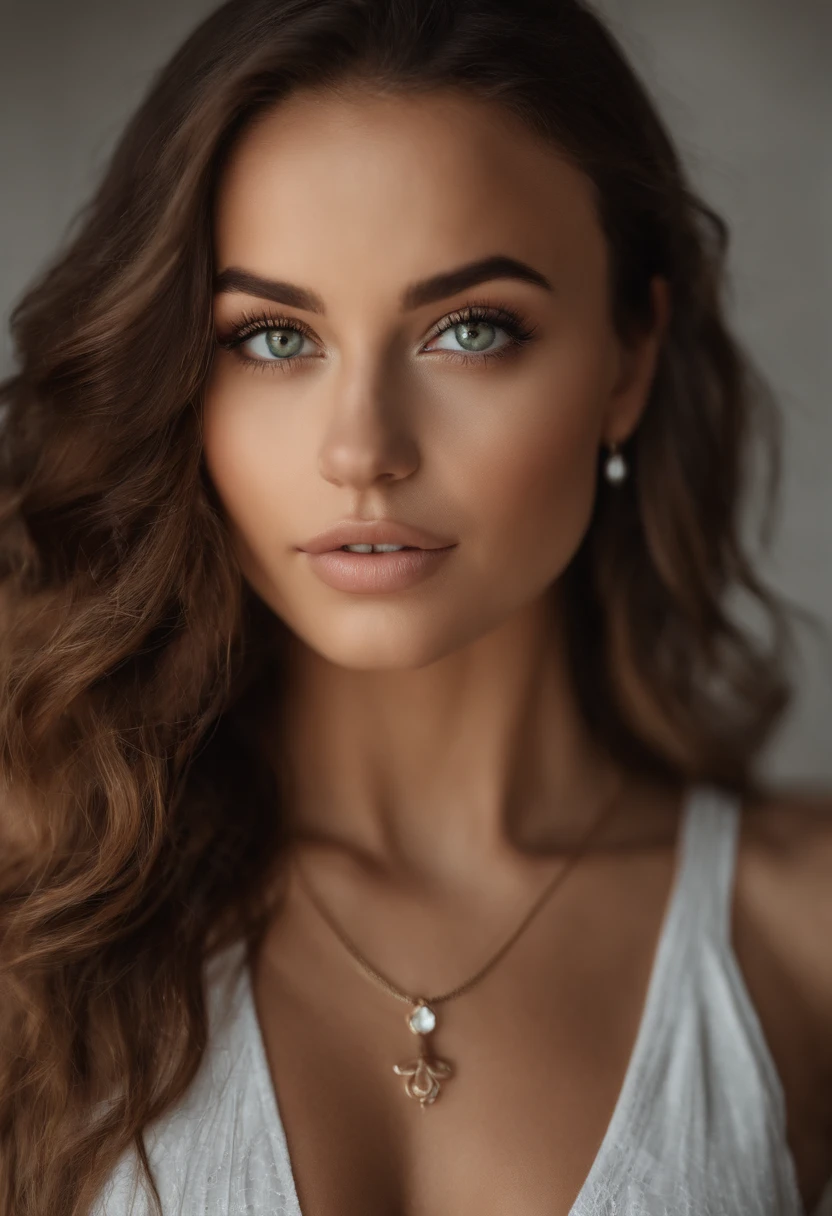 Arafed woman with a white tank top and necklace, fille sexy aux yeux verts, Portrait Sophie Mudd, cheveux bruns et grands yeux, selfie of a young woman, Yeux de chambre, Violet Myers, sans maquillage, maquillage naturel, looking straight at camera, Visage avec Artgram, Maquillage subtil, stunning closeupheadshot, piercing green eyes