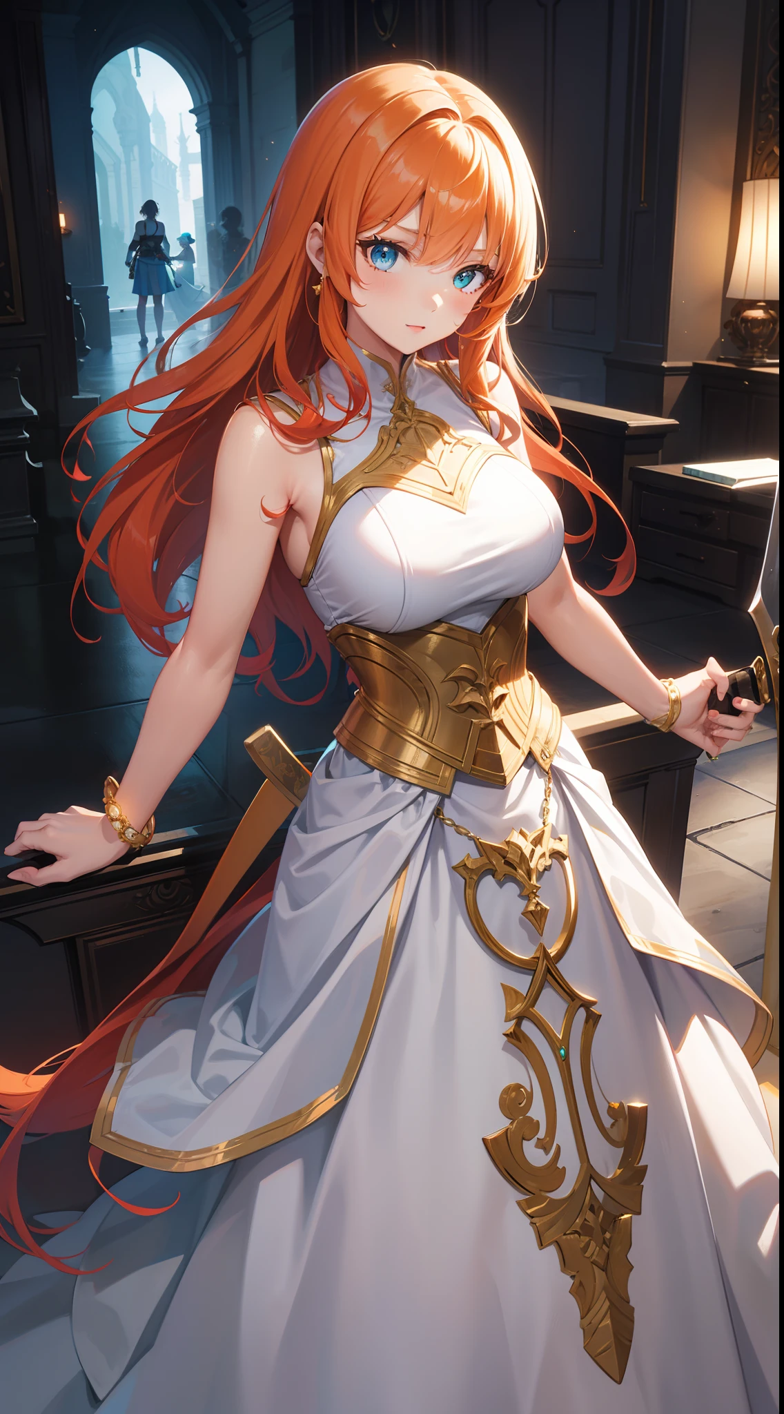 young girl, llong orange hair, Cyan eyes, white fencing dress, Sleeveless, open breasts, long skirt, sword, Gold Elements, gems, Masterpiece, hiquality
