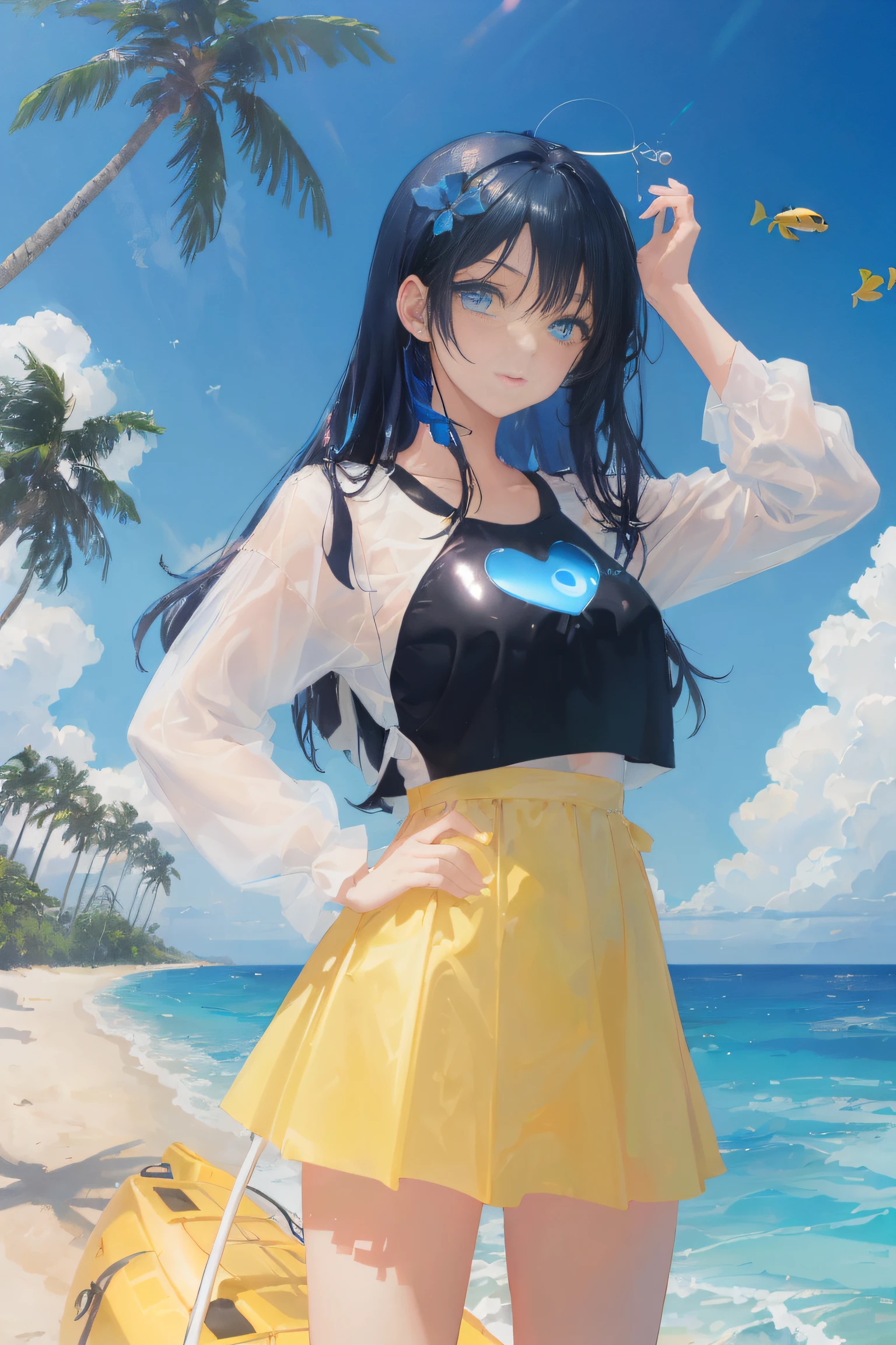 art by Cornflower, dreamy, (A beautiful, teenaged, anime-style girl with blue eyes and long, black hair, wearing a pale yellow, shiny, long-sleeved, open-chest, long skirt swimming suit with a pink, white, and yellow, heart on it is posing with her hands on her hips, in front of a beach and a bright, blue sky with clouds in it, there are palm trees in the background on both sides of the picture, and there are lots of blue and yellow fish swimming in the ocean, and there is a police helicopter with lights on it flying over the girl)