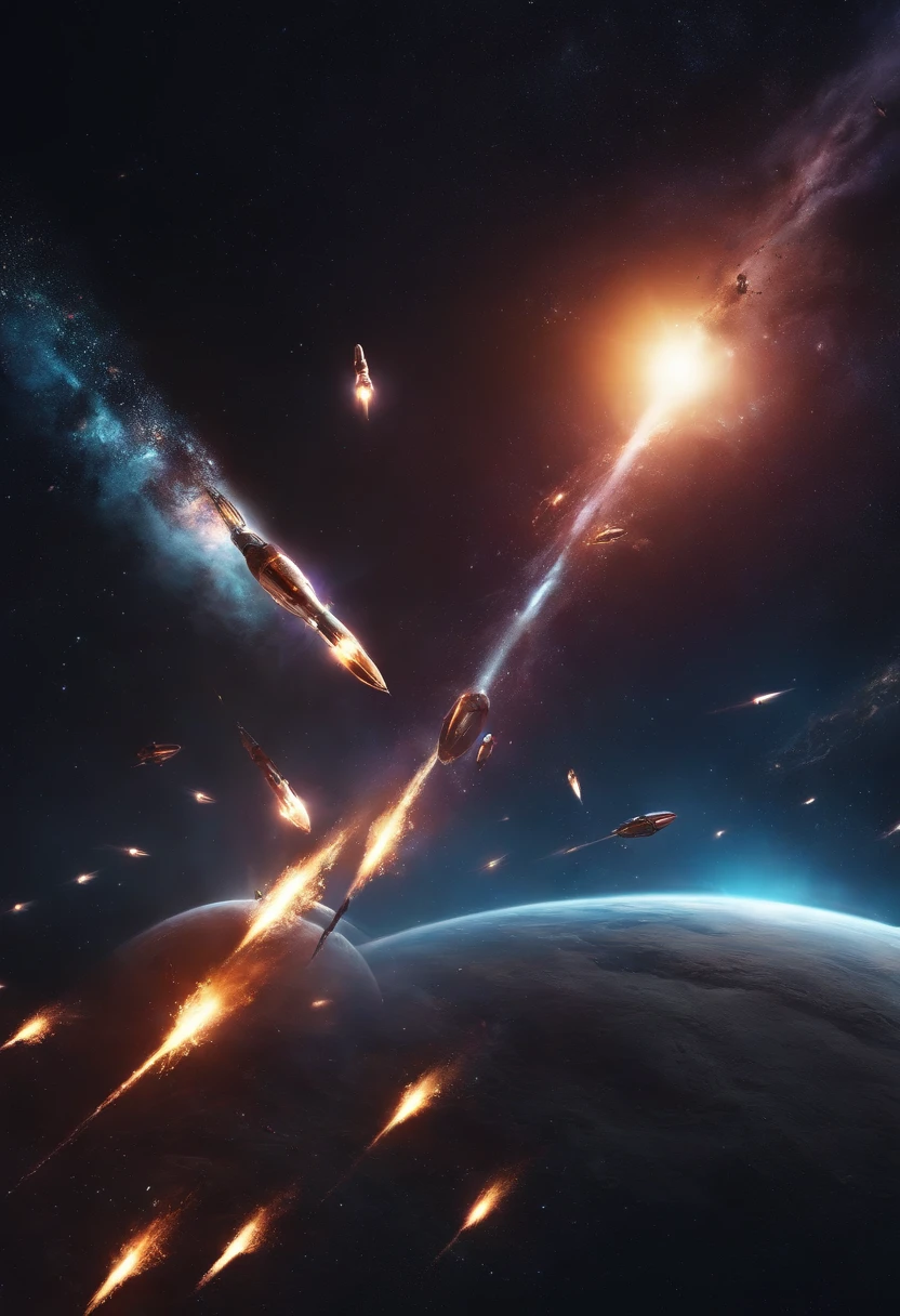 Space Wars,space,Bullets shells flying around, Creepy, nightmarish, Very bright colors, Light particles, with light glowing, Mshiv, wallpaper art