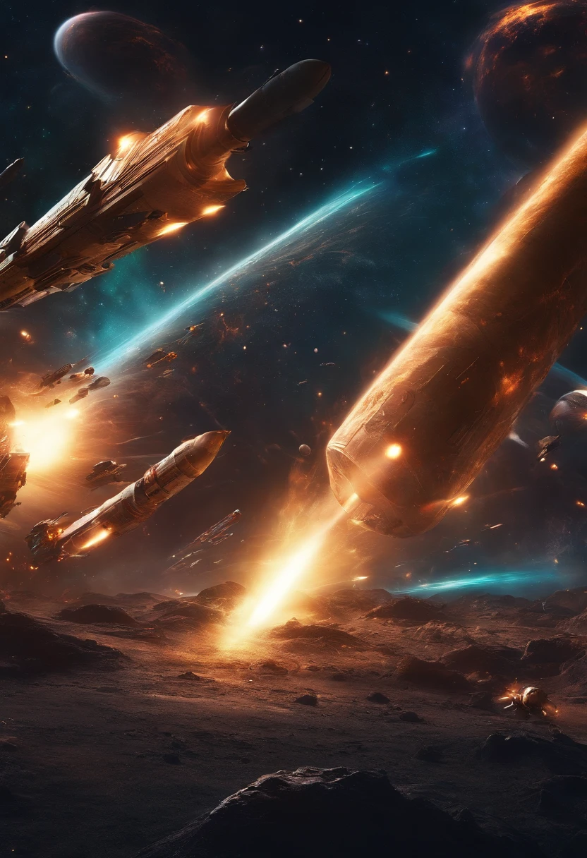 Space Wars,space,Bullets shells flying around, Creepy, nightmarish, Very bright colors, Light particles, with light glowing, Mshiv, wallpaper art