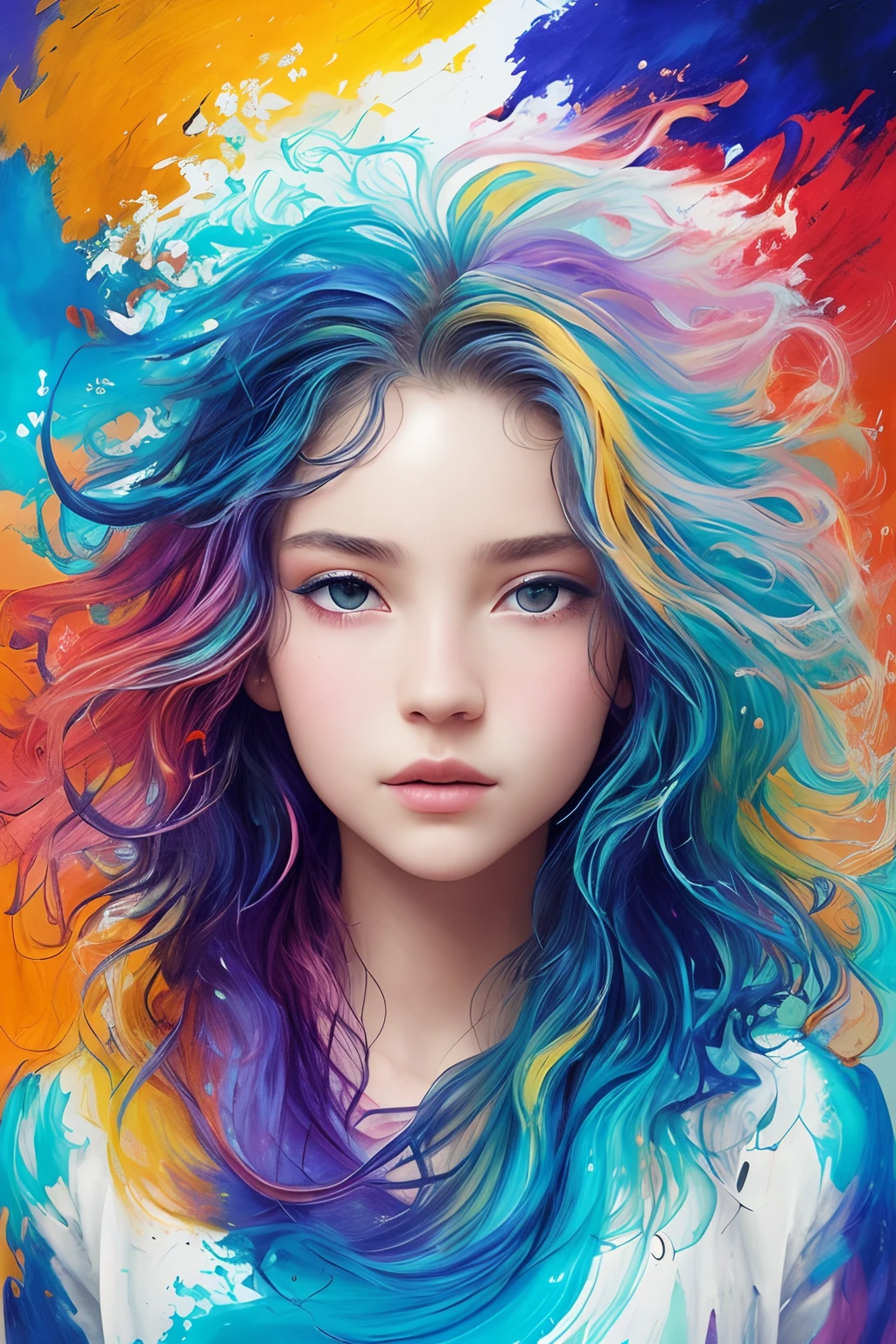 Colorful beautiful girl: a giru 8-, messy hair, oil painting, nice perfect face with soft skinice perfect face, blue yellow colors, light purple and violet additions, light red additions, intricate detail, splash screen, 8k resolution, masterpiece, cute face,artstation digital painting smooth veryBlack ink flow: 8k resolution photorealistic masterpiece: intricately detailed fluid gouache painting: by Jean Baptiste Mongue: calligraphy: acrylic: watercolor art, professional photography, natural lighting, volumetric lighting maximalist photoillustration: by marton bobzert:, complex, elegant, expansive, fantastical, wavy hair, vibrant