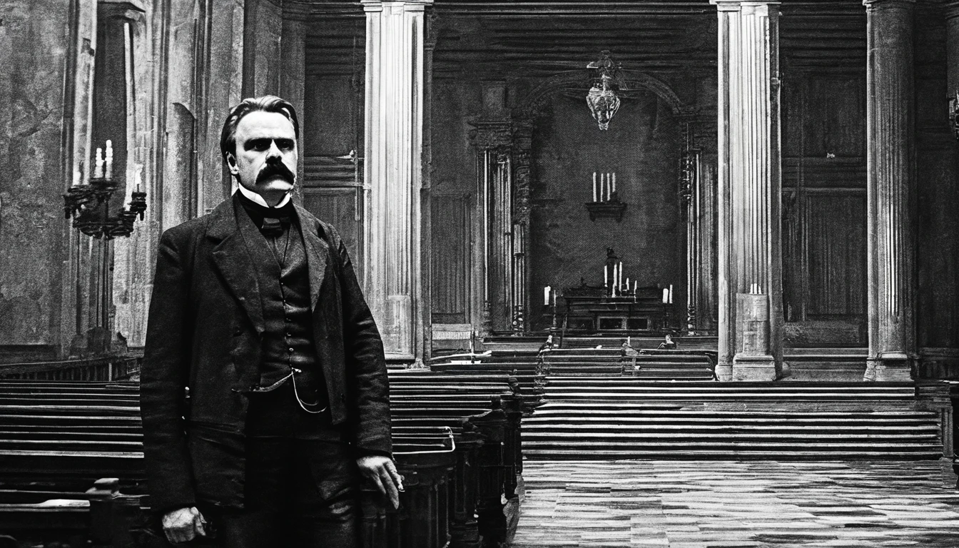 Nietzsche, philosopher Nietzsche in an obscure temple, Nietzsche em uma capela, philosopher Friedrich Nietzsche in a church