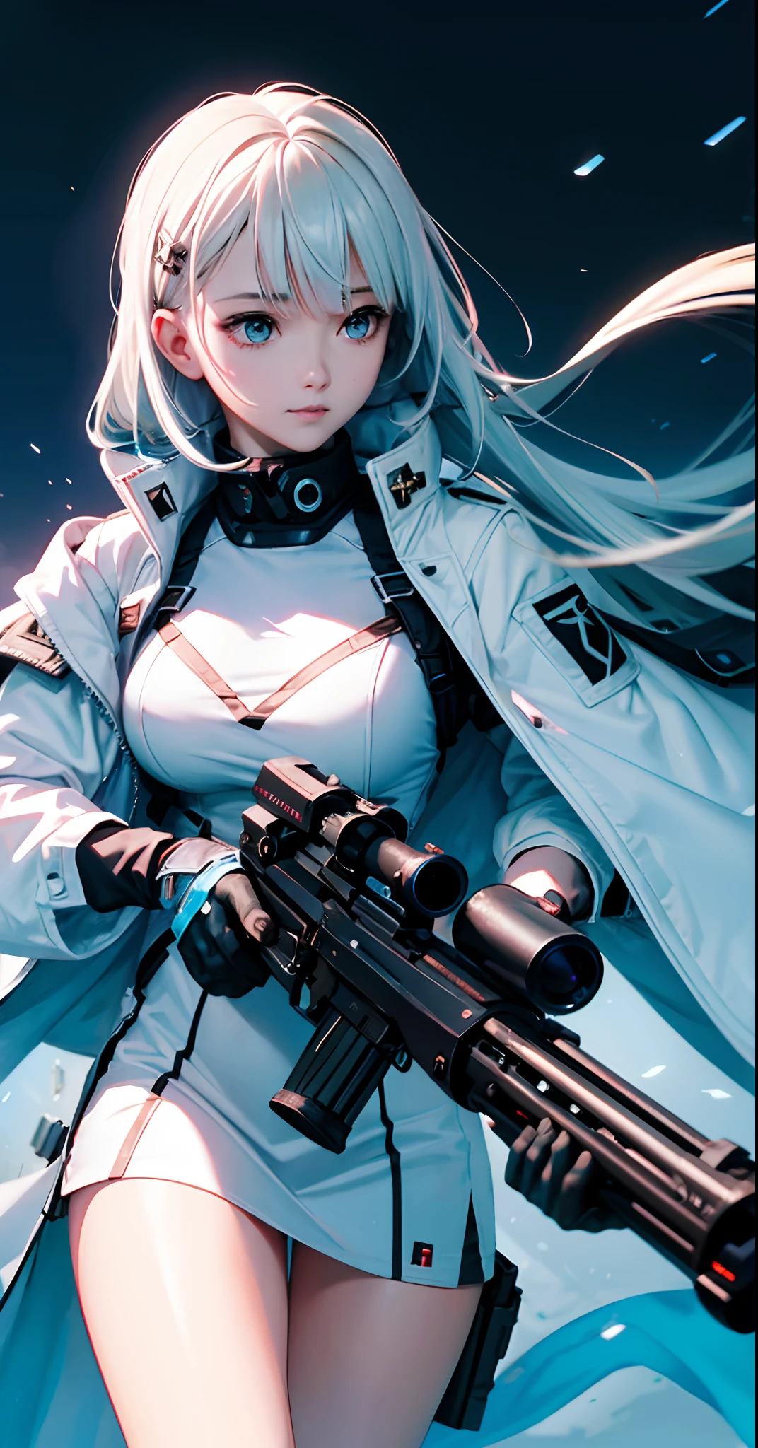 a perfect illustration of artifical intelliengence(。.AI) After 5143, 8K, Extremely detailed , flawless,hyperdetailed face,Silky hair,Very light blue gradient hair,Bitgirl,A device with an optical rifle in both hands,Background of the near future,During night combat,Rifle shooting scene,sharp eye,Dress Type,Wear a white troop jacket