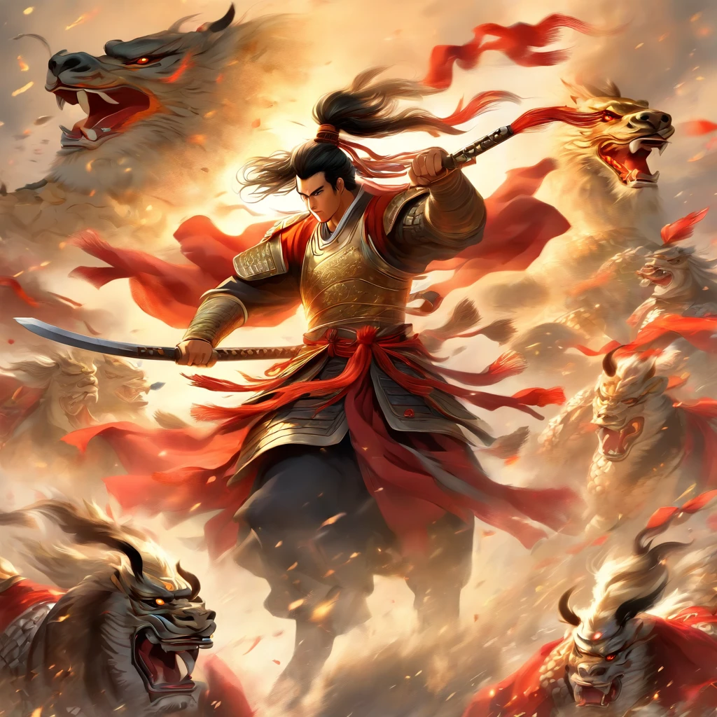 (best quality,4k,8k,highres,masterpiece:1.2),ultra-detailed,(realistic,photorealistic,photo-realistic:1.37),Chinese general,traditional art style,richly colored uniforms,vivid and dynamic brushstrokes,ancient battlefield setting,warrior spirit,ornamental armor and helmet,symbolic horse,commanding presence,courageous expression,heroic posture,historical portrait,proud and noble features,ink and wash painting style,finely detailed facial features,dynamic composition,imposing stature,strategic battlefield map,strong and confident gaze,fierce determination,bursting energy,ancient war flag,foggy ambiance,golden sunlight illuminating the scene,traditional Chinese calligraphy in the background,authentic battle scene,attention to historical accuracy,dynamic motion,commanding army in the distance,majestic mountains as backdrop,impressive battle formation,martial arts expertise and weapons proficiency,wisdom and leadership,aura of authority,atmospheric perspective,dramatic lighting,heroic legend,classic Chinese metaphor,strong sense of tradition and cultural heritage