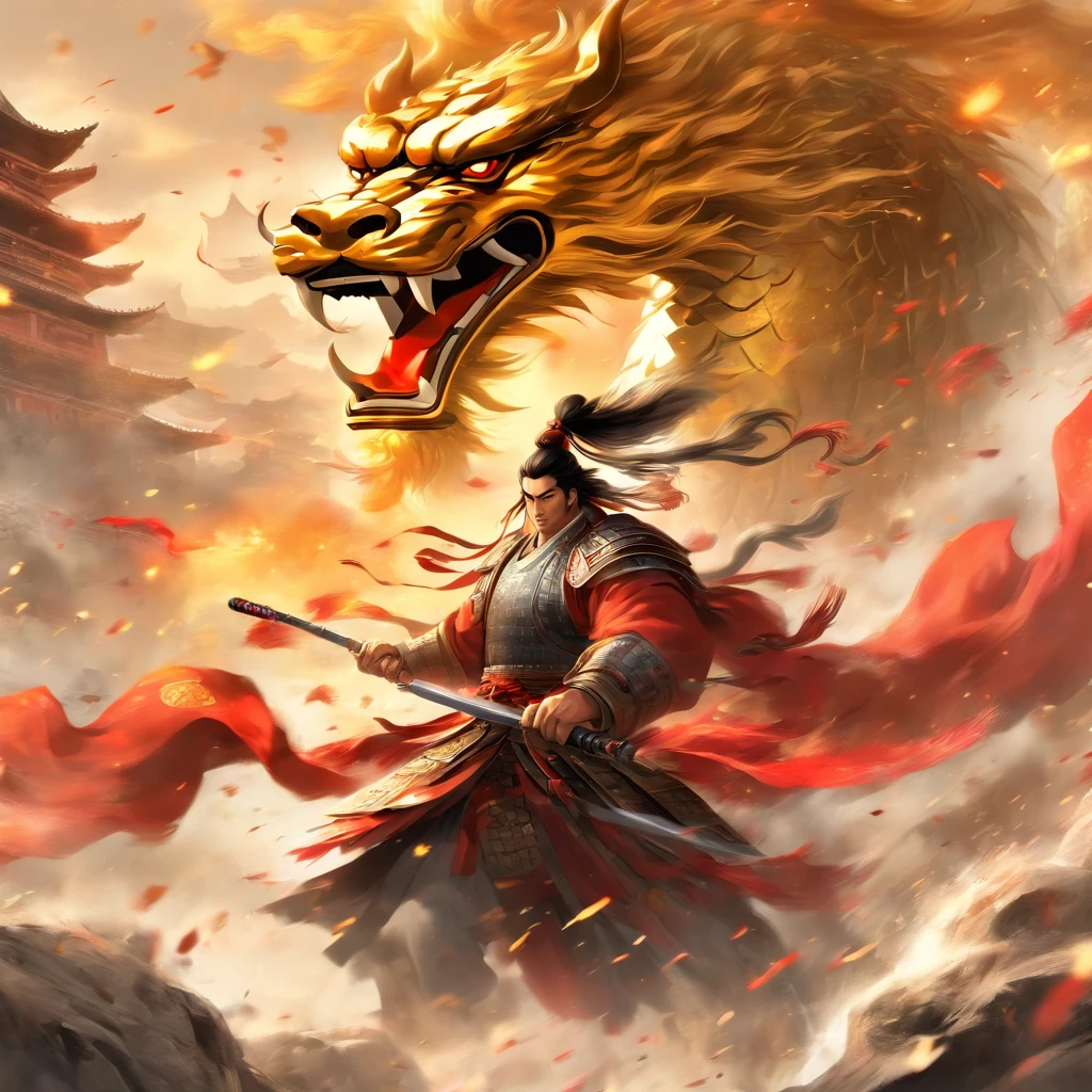 (best quality,4k,8k,highres,masterpiece:1.2),ultra-detailed,(realistic,photorealistic,photo-realistic:1.37),Chinese general,traditional art style,richly colored uniforms,vivid and dynamic brushstrokes,ancient battlefield setting,warrior spirit,ornamental armor and helmet,symbolic horse,commanding presence,courageous expression,heroic posture,historical portrait,proud and noble features,ink and wash painting style,finely detailed facial features,dynamic composition,imposing stature,strategic battlefield map,strong and confident gaze,fierce determination,bursting energy,ancient war flag,foggy ambiance,golden sunlight illuminating the scene,traditional Chinese calligraphy in the background,authentic battle scene,attention to historical accuracy,dynamic motion,commanding army in the distance,majestic mountains as backdrop,impressive battle formation,martial arts expertise and weapons proficiency,wisdom and leadership,aura of authority,atmospheric perspective,dramatic lighting,heroic legend,classic Chinese metaphor,strong sense of tradition and cultural heritage