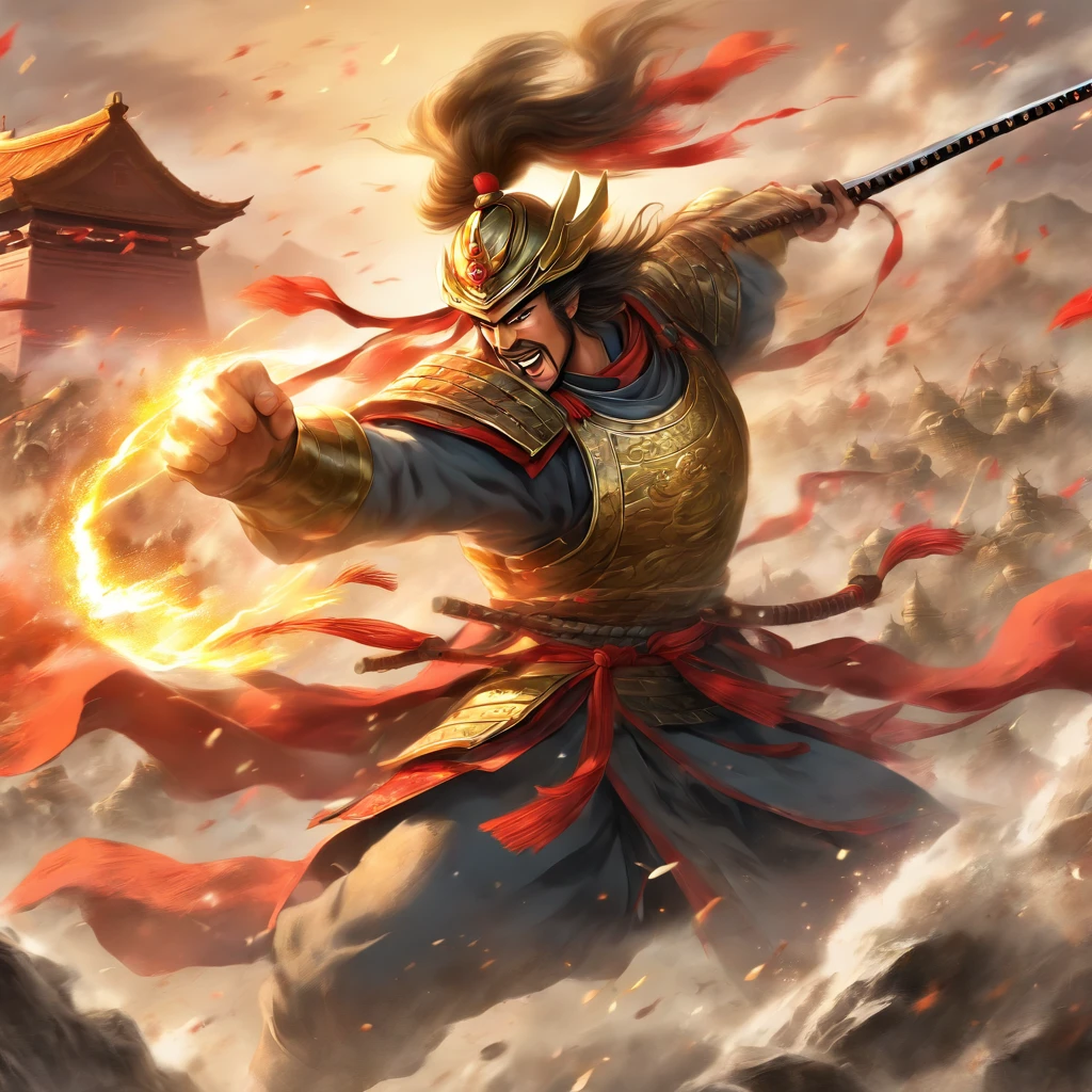 (best quality,4k,8k,highres,masterpiece:1.2),ultra-detailed,(realistic,photorealistic,photo-realistic:1.37),Chinese general,traditional art style,richly colored uniforms,vivid and dynamic brushstrokes,ancient battlefield setting,warrior spirit,ornamental armor and helmet,symbolic horse,commanding presence,courageous expression,heroic posture,historical portrait,proud and noble features,ink and wash painting style,finely detailed facial features,dynamic composition,imposing stature,strategic battlefield map,strong and confident gaze,fierce determination,bursting energy,ancient war flag,foggy ambiance,golden sunlight illuminating the scene,traditional Chinese calligraphy in the background,authentic battle scene,attention to historical accuracy,dynamic motion,commanding army in the distance,majestic mountains as backdrop,impressive battle formation,martial arts expertise and weapons proficiency,wisdom and leadership,aura of authority,atmospheric perspective,dramatic lighting,heroic legend,classic Chinese metaphor,strong sense of tradition and cultural heritage