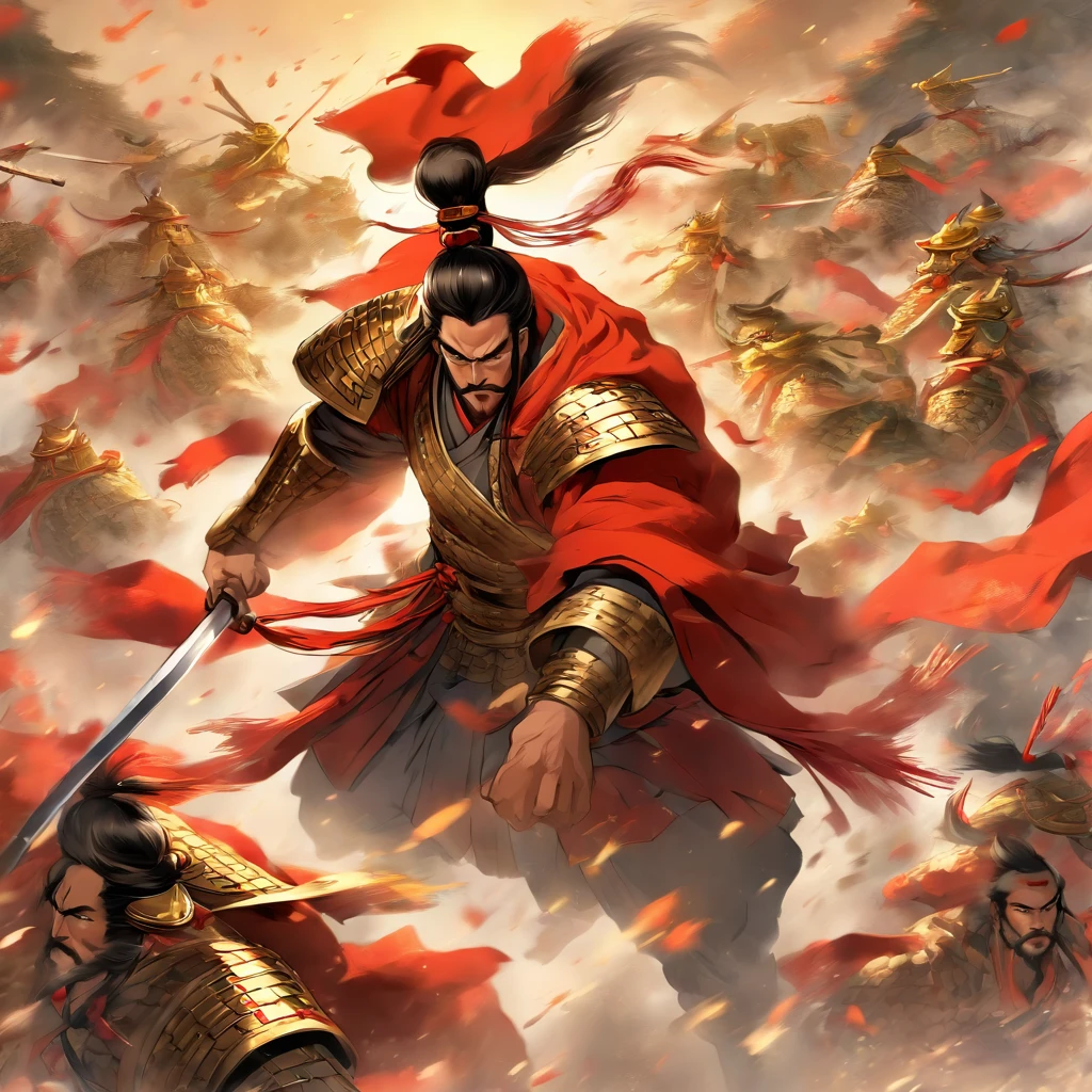 (best quality,4k,8k,highres,masterpiece:1.2),ultra-detailed,(realistic,photorealistic,photo-realistic:1.37),Chinese general,traditional art style,richly colored uniforms,vivid and dynamic brushstrokes,ancient battlefield setting,warrior spirit,ornamental armor and helmet,symbolic horse,commanding presence,courageous expression,heroic posture,historical portrait,proud and noble features,ink and wash painting style,finely detailed facial features,dynamic composition,imposing stature,strategic battlefield map,strong and confident gaze,fierce determination,bursting energy,ancient war flag,foggy ambiance,golden sunlight illuminating the scene,traditional Chinese calligraphy in the background,authentic battle scene,attention to historical accuracy,dynamic motion,commanding army in the distance,majestic mountains as backdrop,impressive battle formation,martial arts expertise and weapons proficiency,wisdom and leadership,aura of authority,atmospheric perspective,dramatic lighting,heroic legend,classic Chinese metaphor,strong sense of tradition and cultural heritage