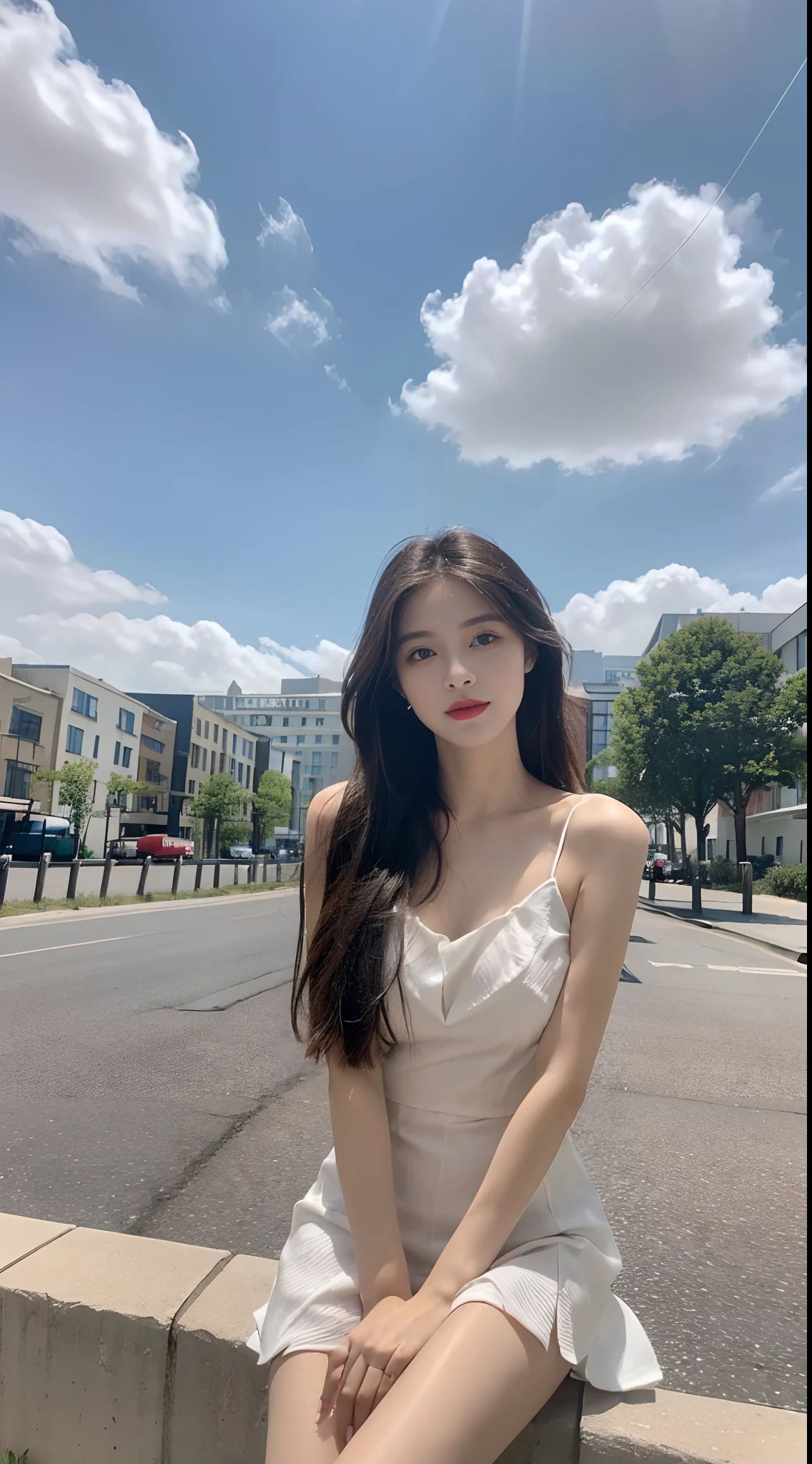 ((best qualtiy, 8K, tmasterpiece:1.3)), A pretty maiden,Pure,Melon seed face,gentle and cute,A sweet smile,Pure desire,Thin stature,(frontage),(Tilt your head),staring right into camera,uniform, Obi, formal,Black silky long, Straight hair,Long hair flowing over the shoulders,round black big eyes,Clear big eyes,Hydrated red lips,Sweet,Sit by the road,with blue sky and white clouds,Blue skies,grassy fields,Buildings,