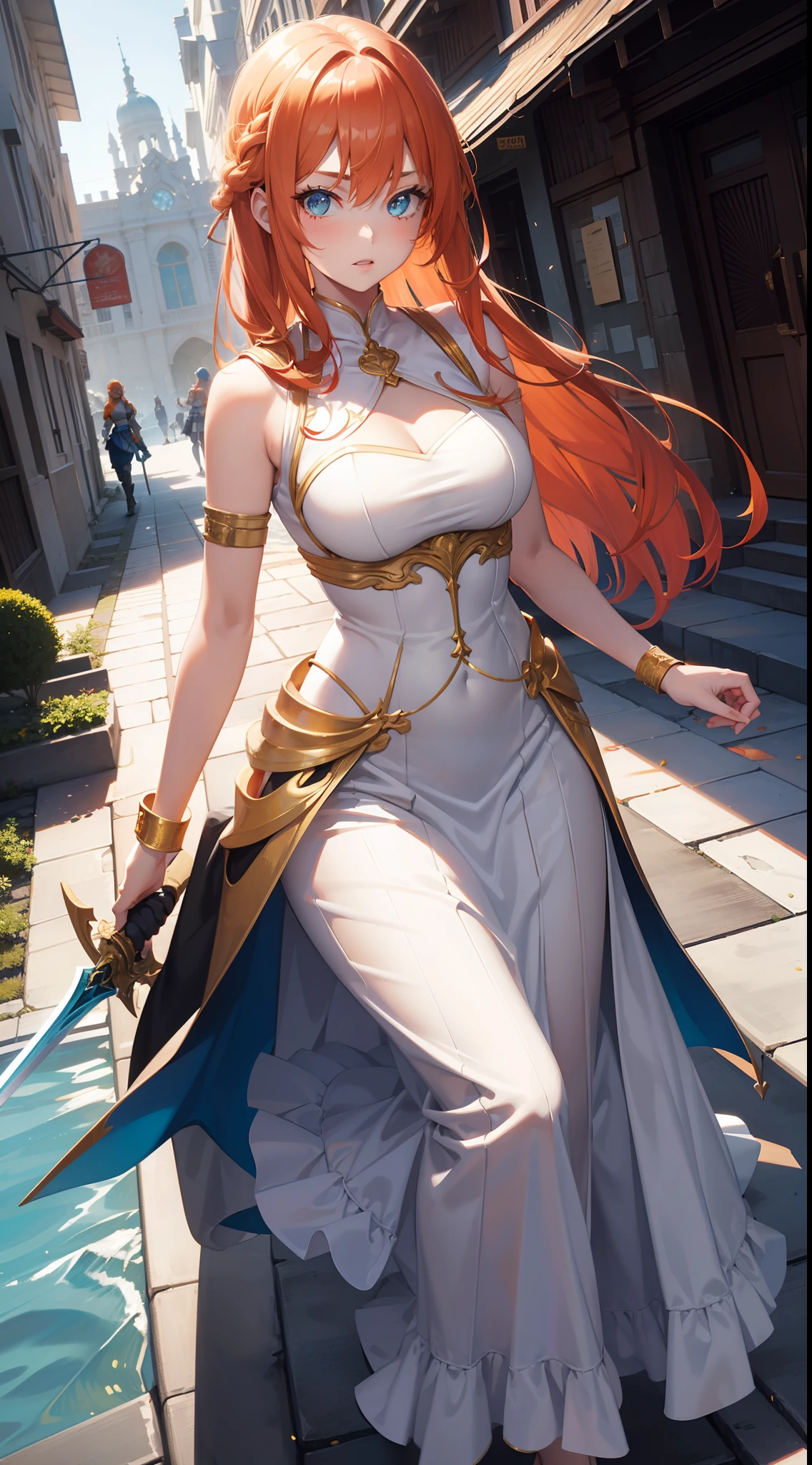 A beautiful and innocent redhead, a woman with blue eyes and a large bust, a priestess in rich, concealing clothing, wielding a staff of magic.