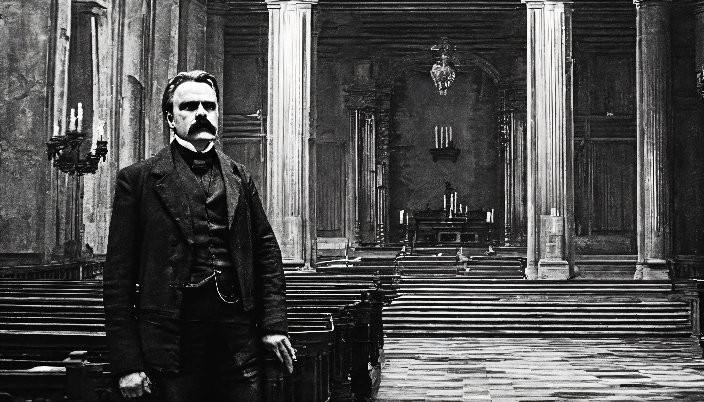 Nietzsche, philosopher Nietzsche in an obscure temple, Nietzsche em uma capela, philosopher Friedrich Nietzsche in a church