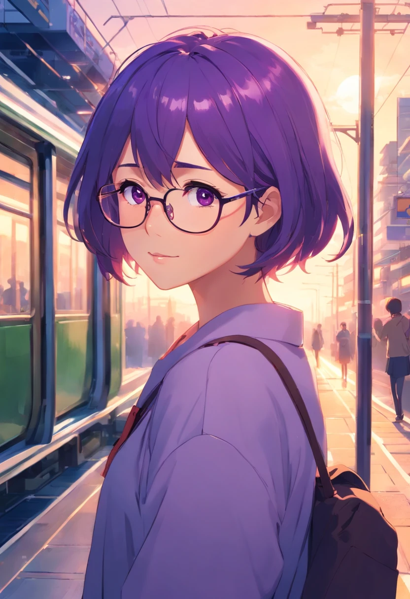 tmasterpiece, beste-Qualit, filmstill, 1 girl, with purple hair,with glasses on, Waiting for the tram,a closeup of a, The vibrant, a happy, warm soft lighting, morning